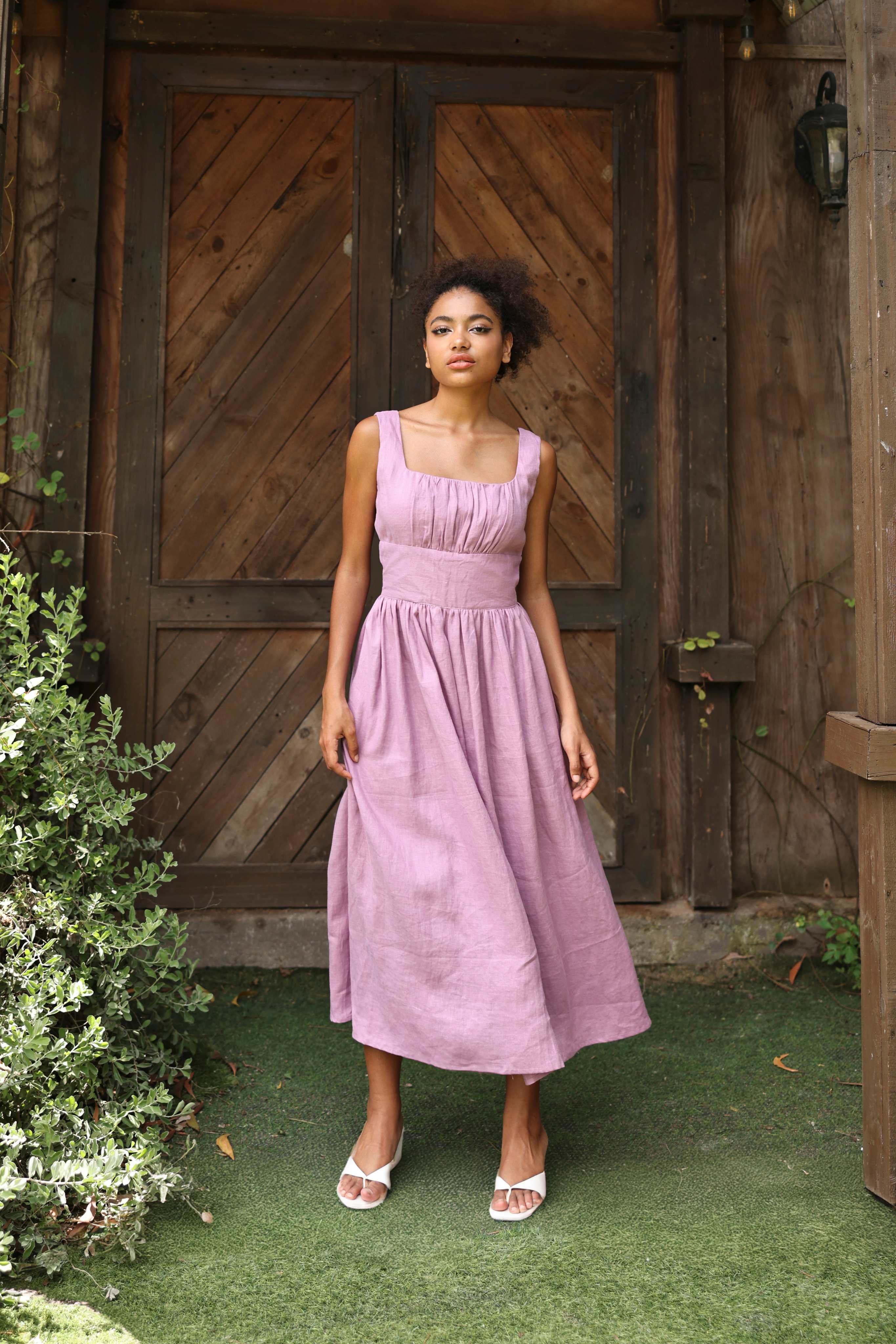 Gathered bodice linen dress