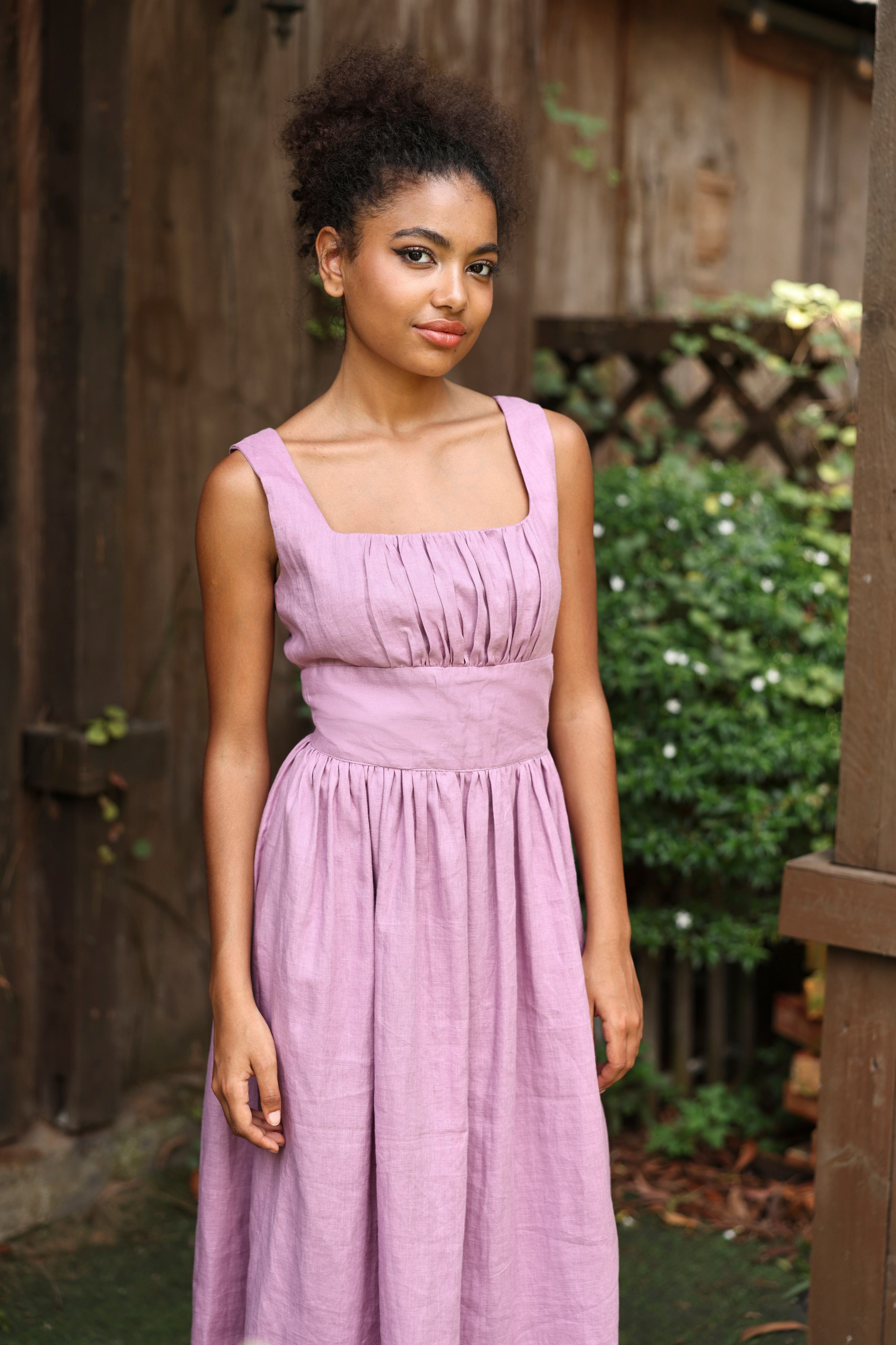 Gathered bodice linen dress