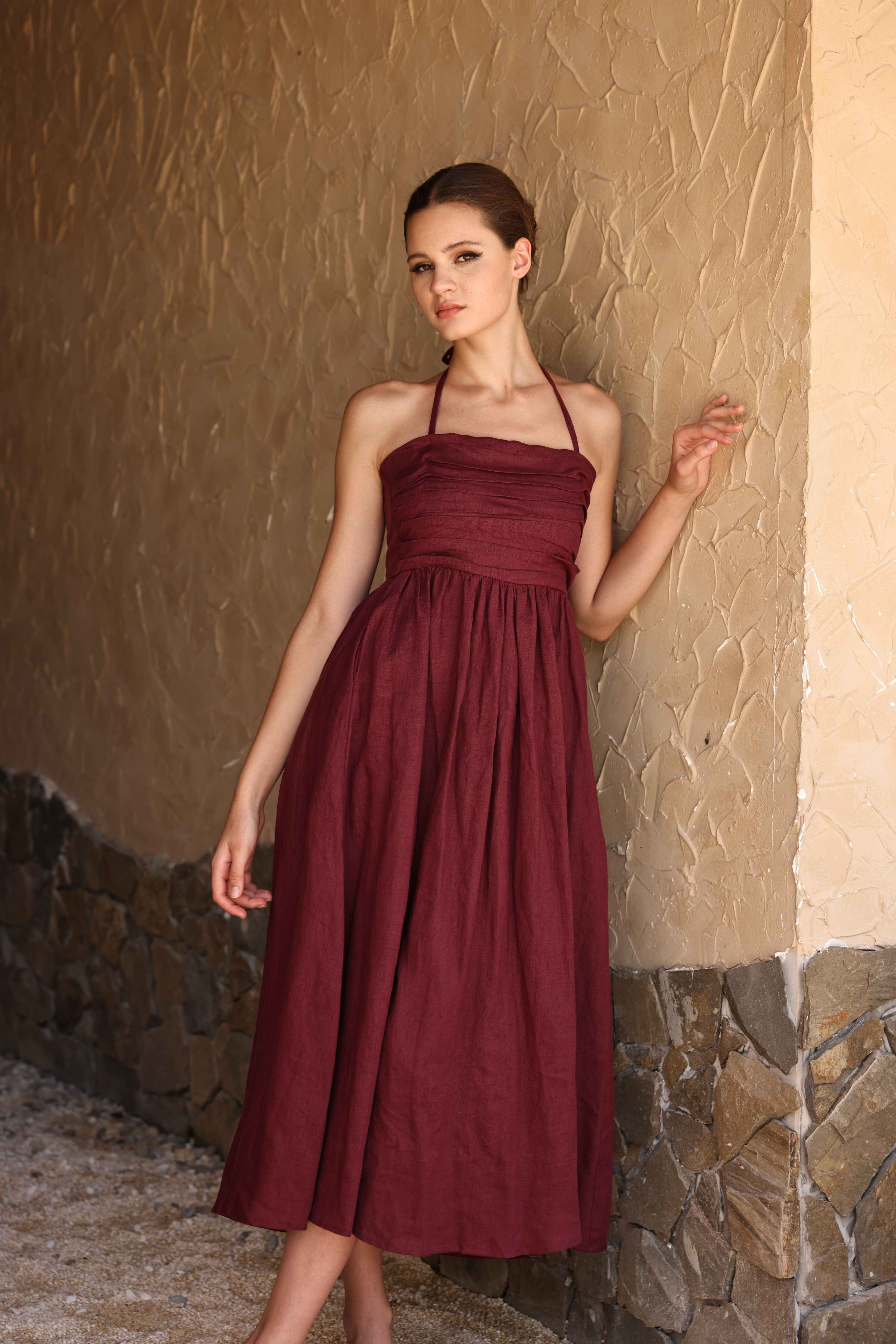Halter neck linen midi dress