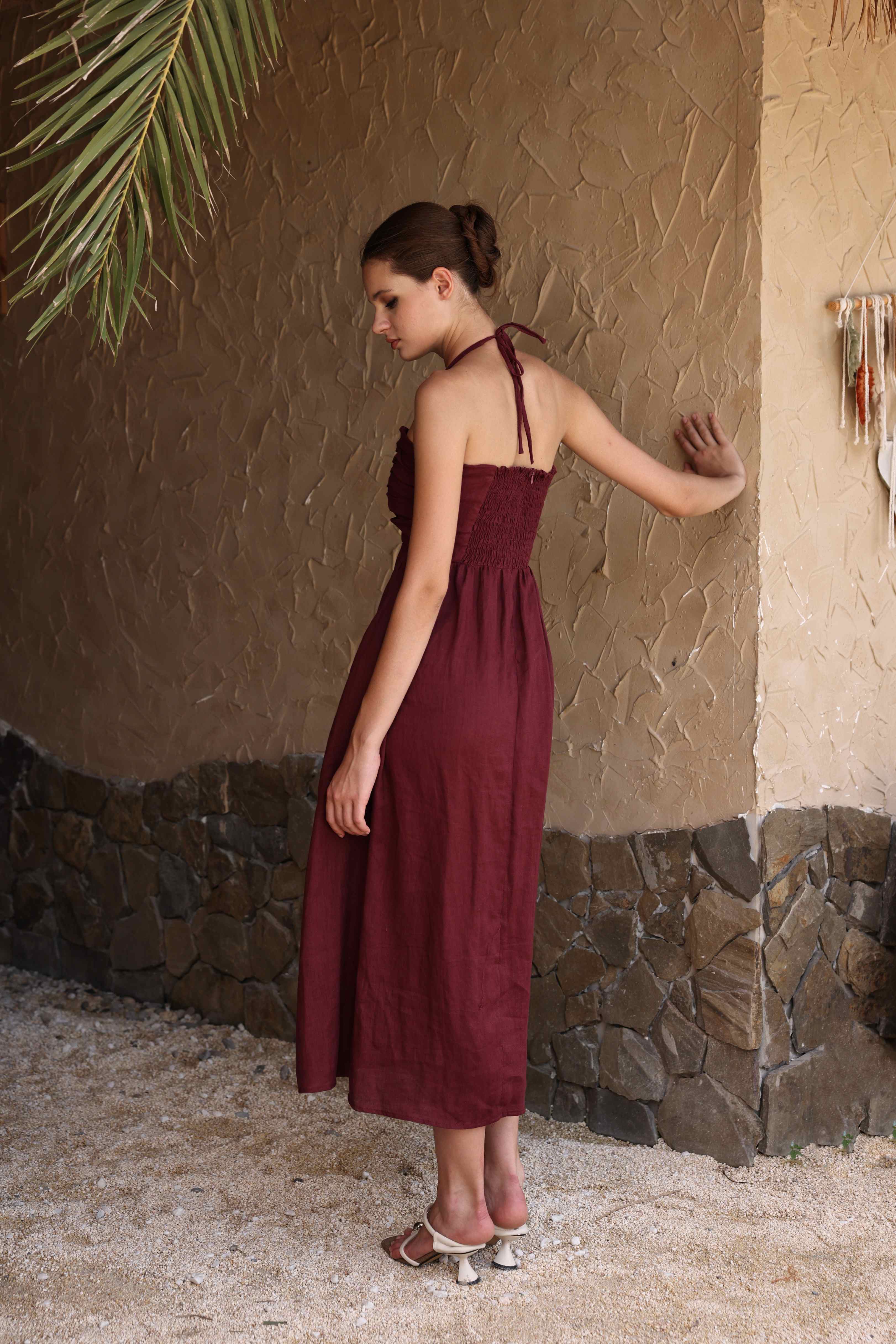Halter neck linen midi dress