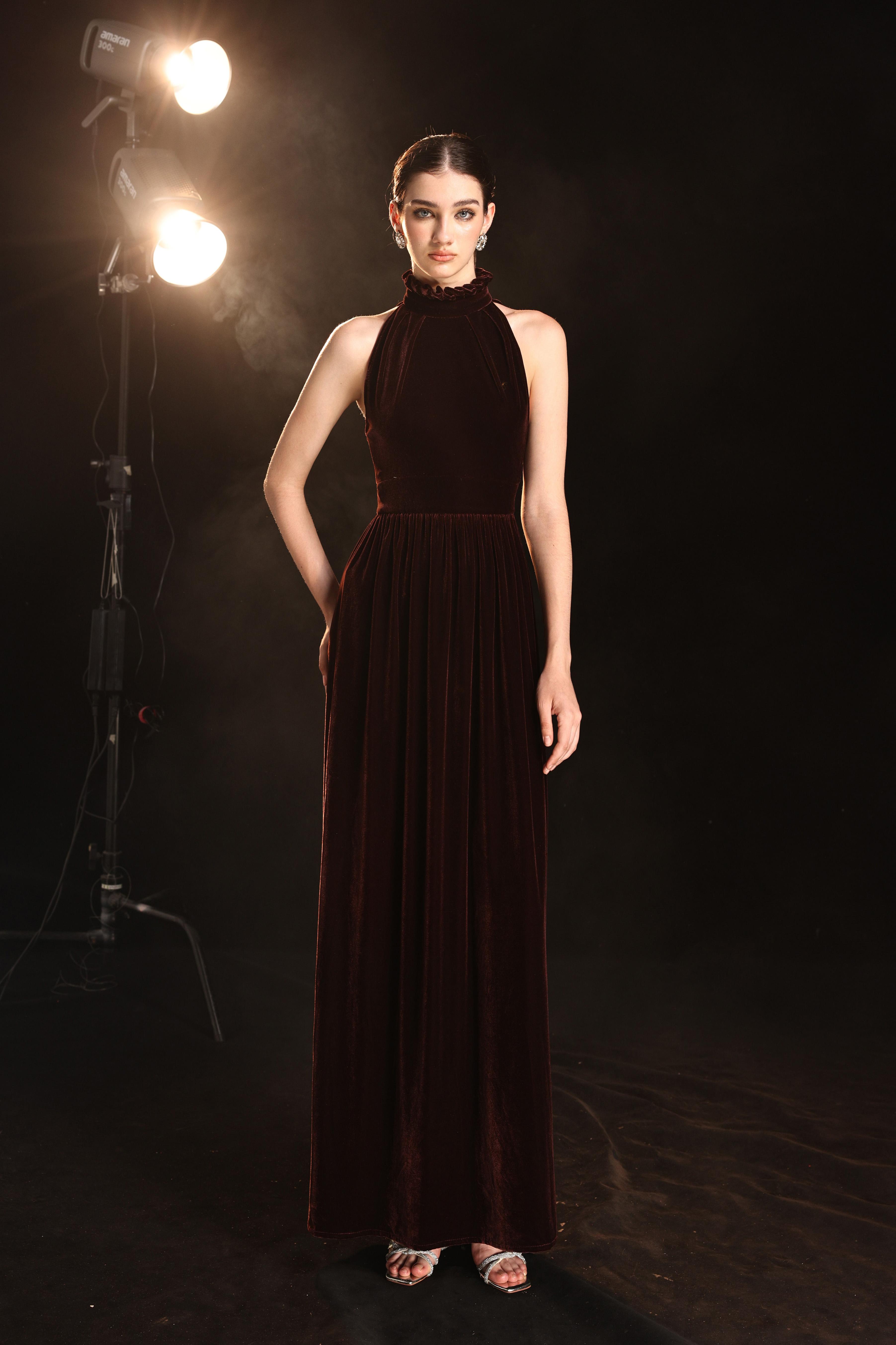 Halter neck velvet evening gown