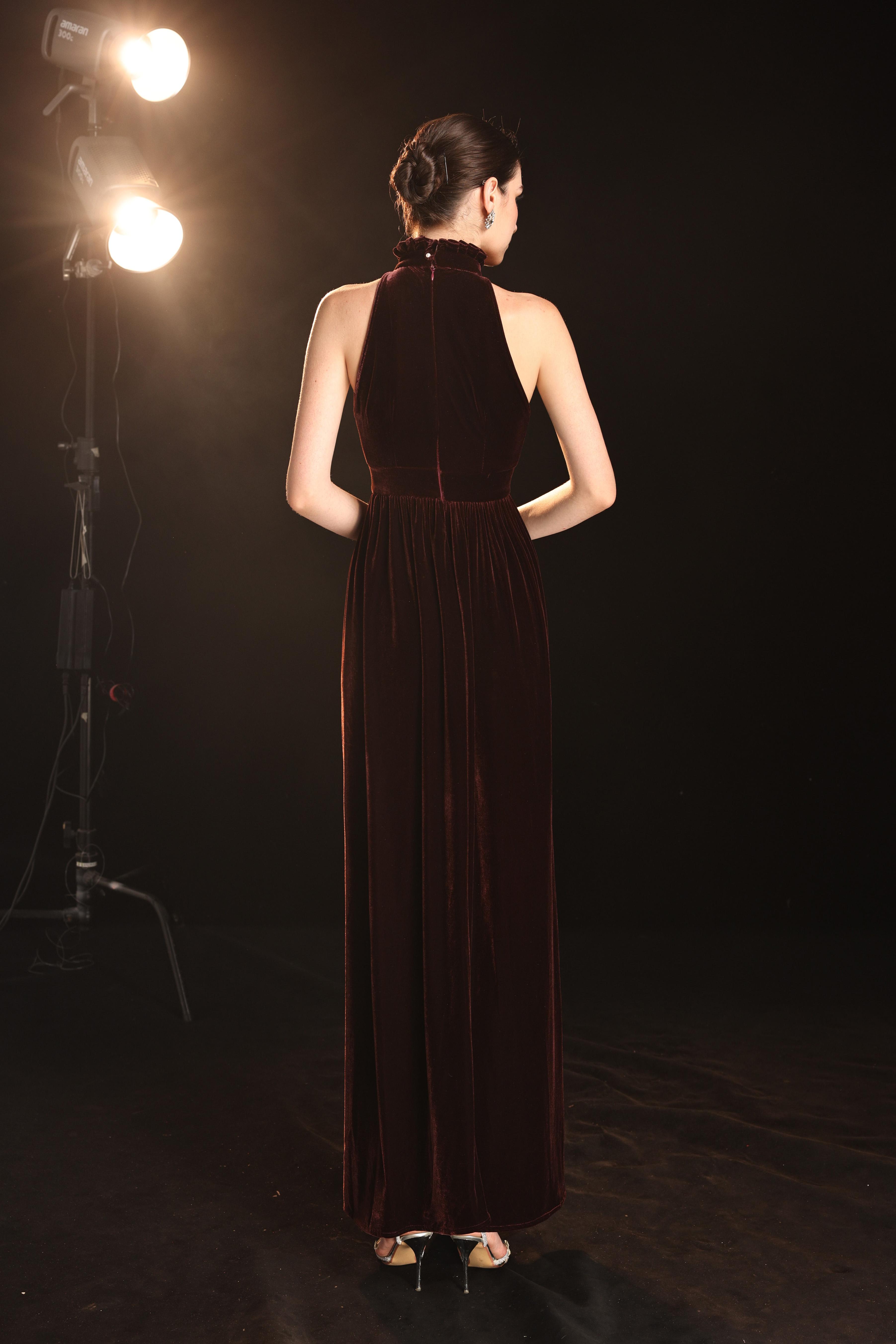 Halter neck velvet evening gown