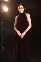 Halter neck velvet evening gown
