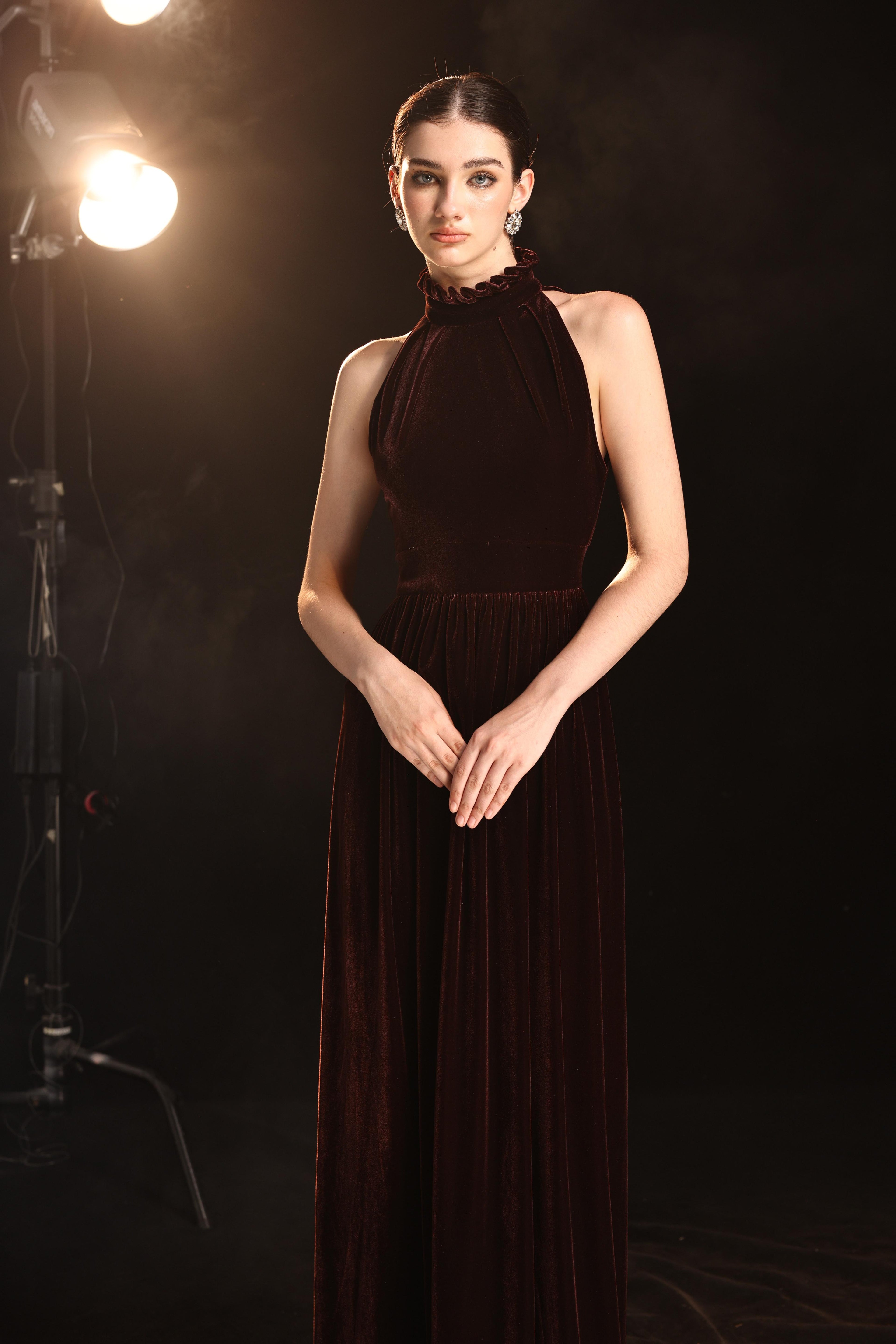 Halter neck velvet evening gown