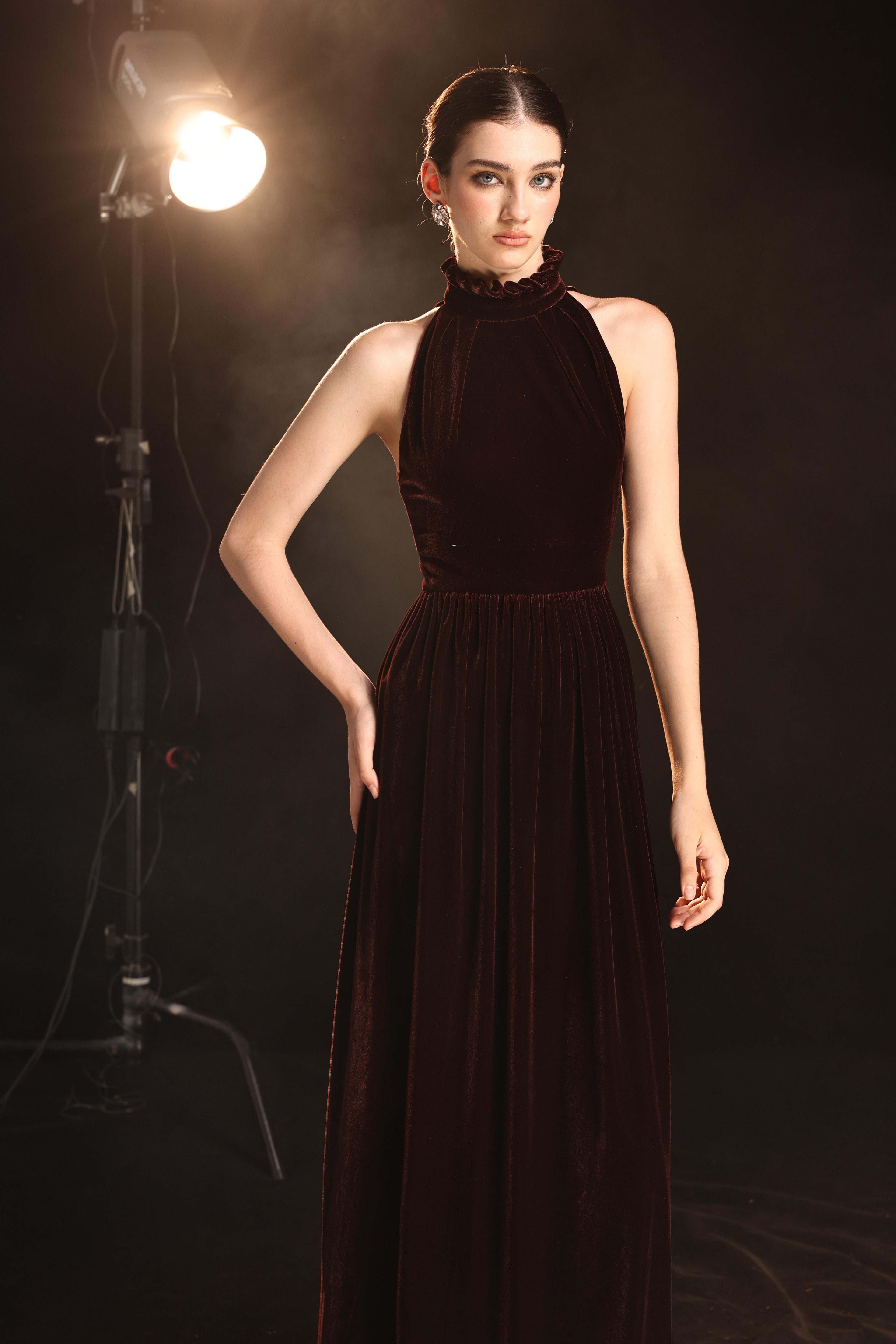 Halter neck velvet evening gown