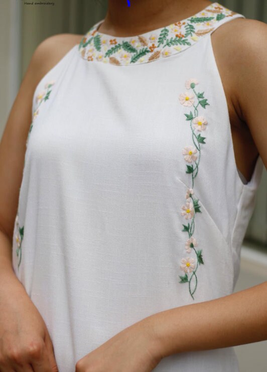 Embroidered halter linen dress