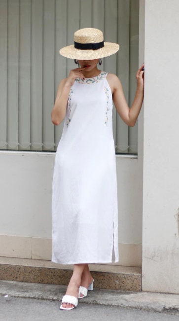 Embroidered halter linen dress