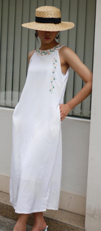 Embroidered halter linen dress
