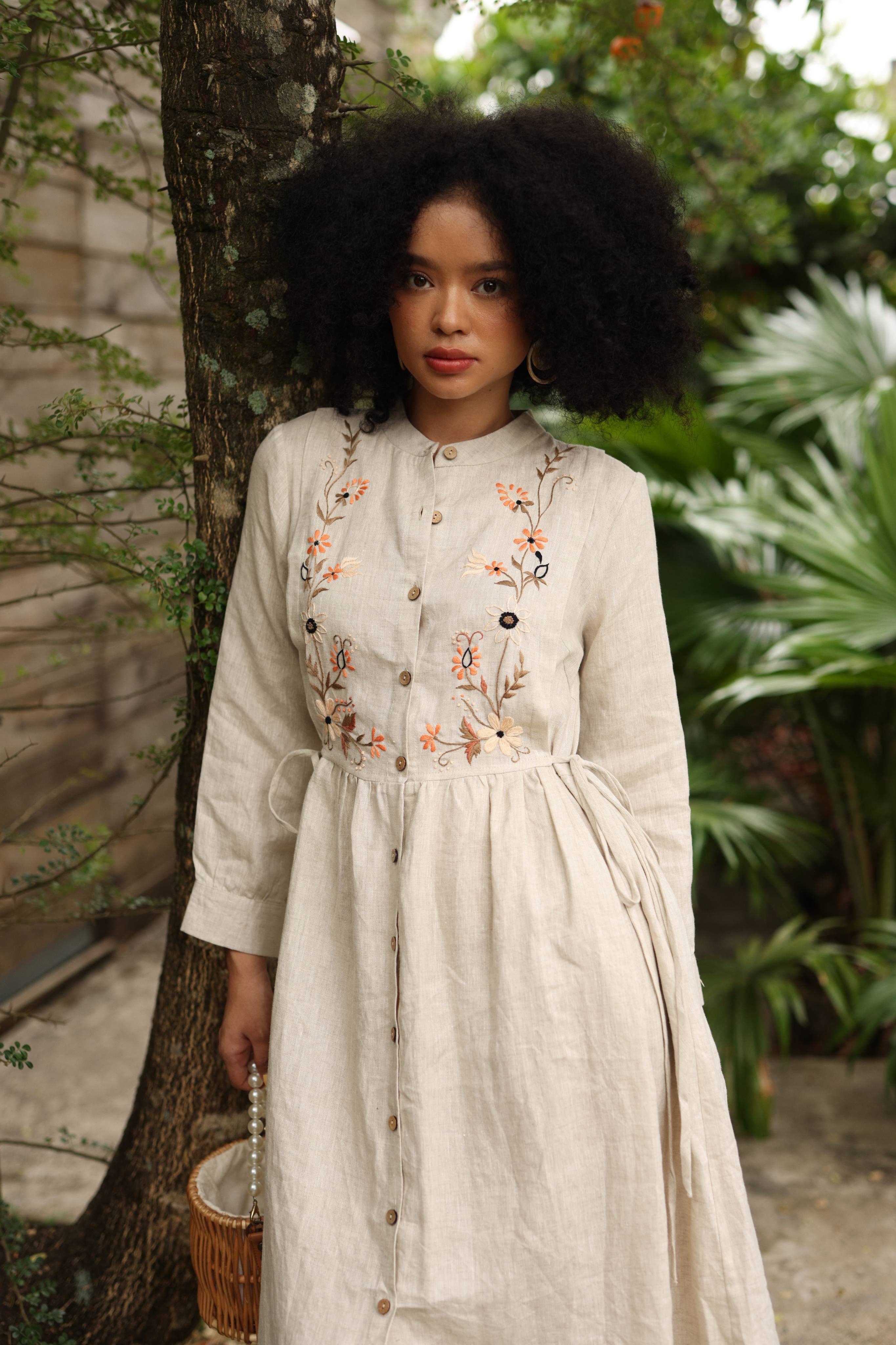 Hand-embroidered linen button-down dress