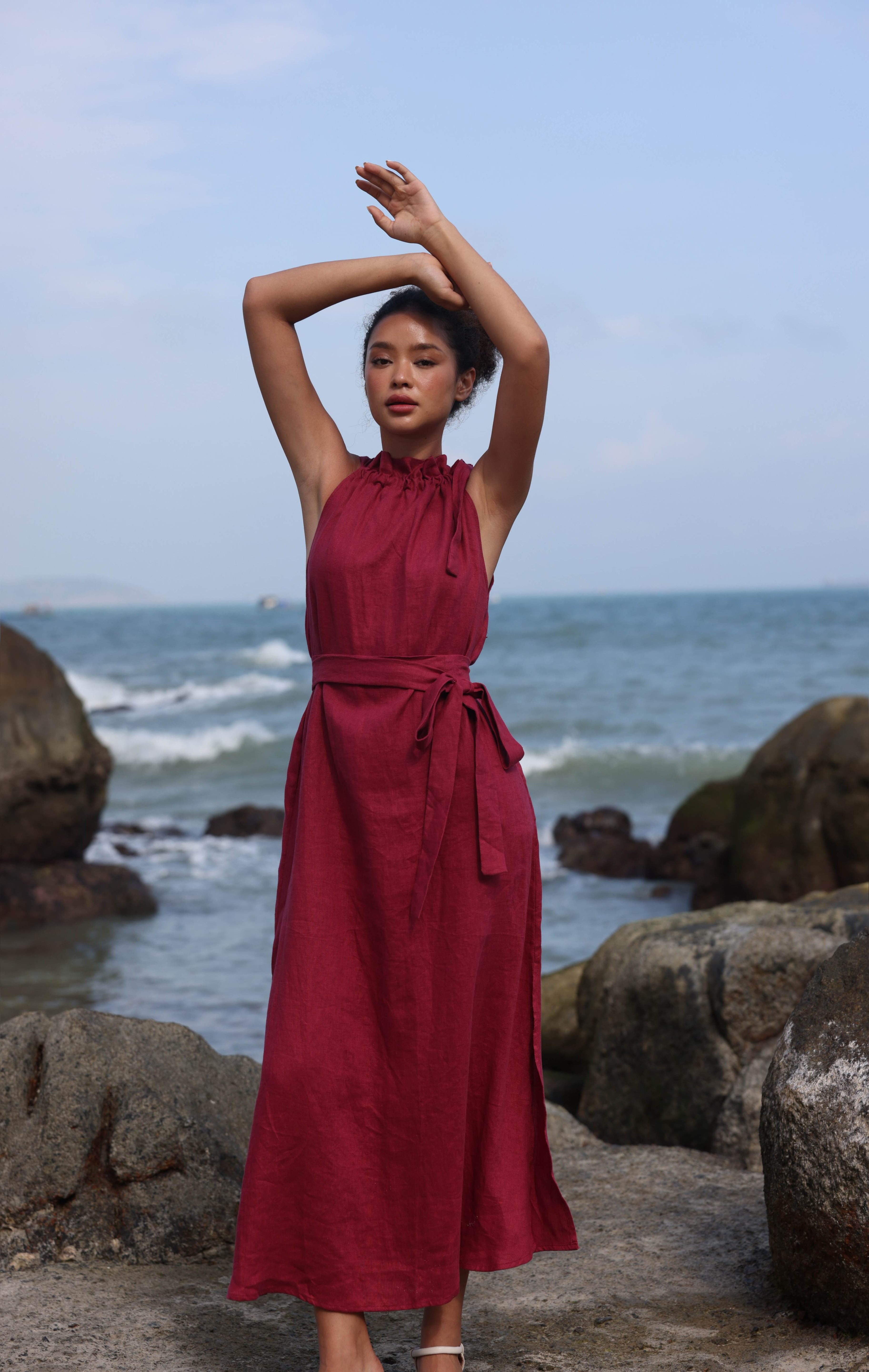 High neck linen dress