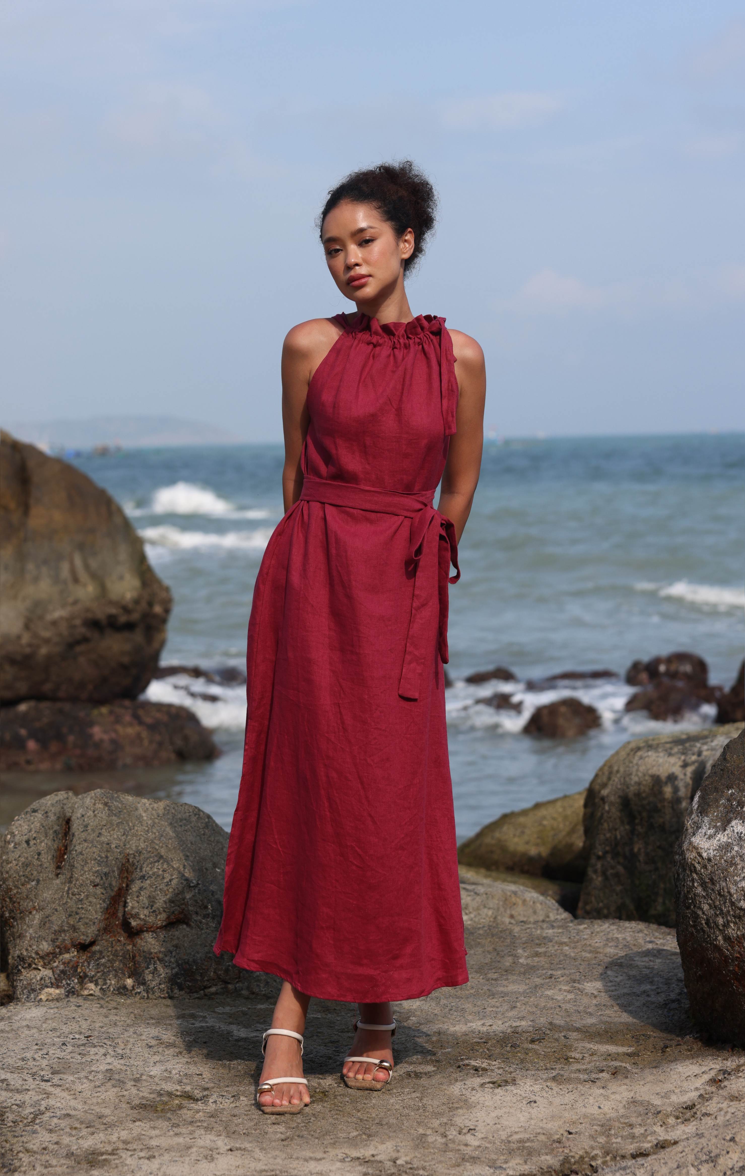 High neck linen dress