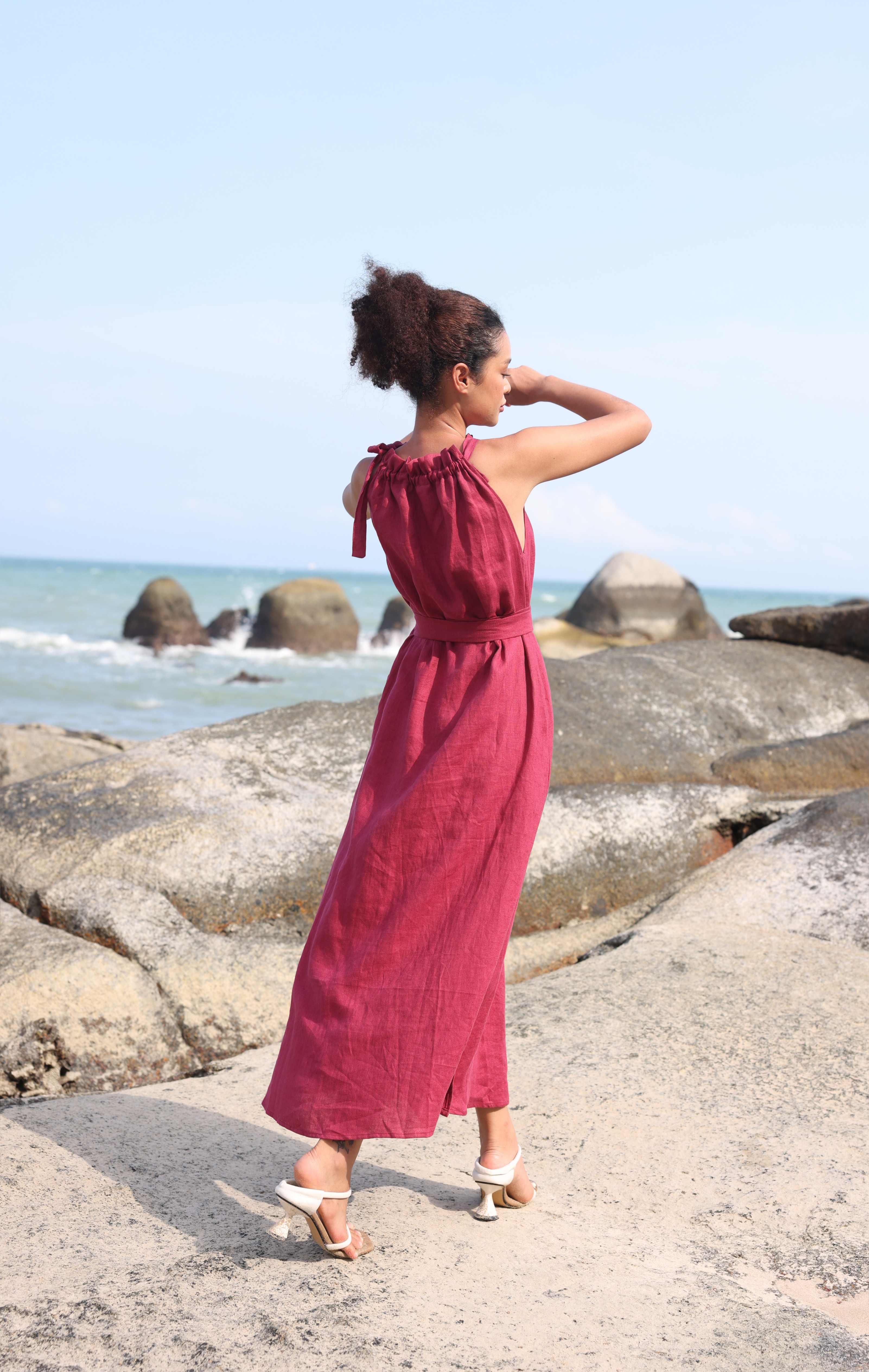 High neck linen dress