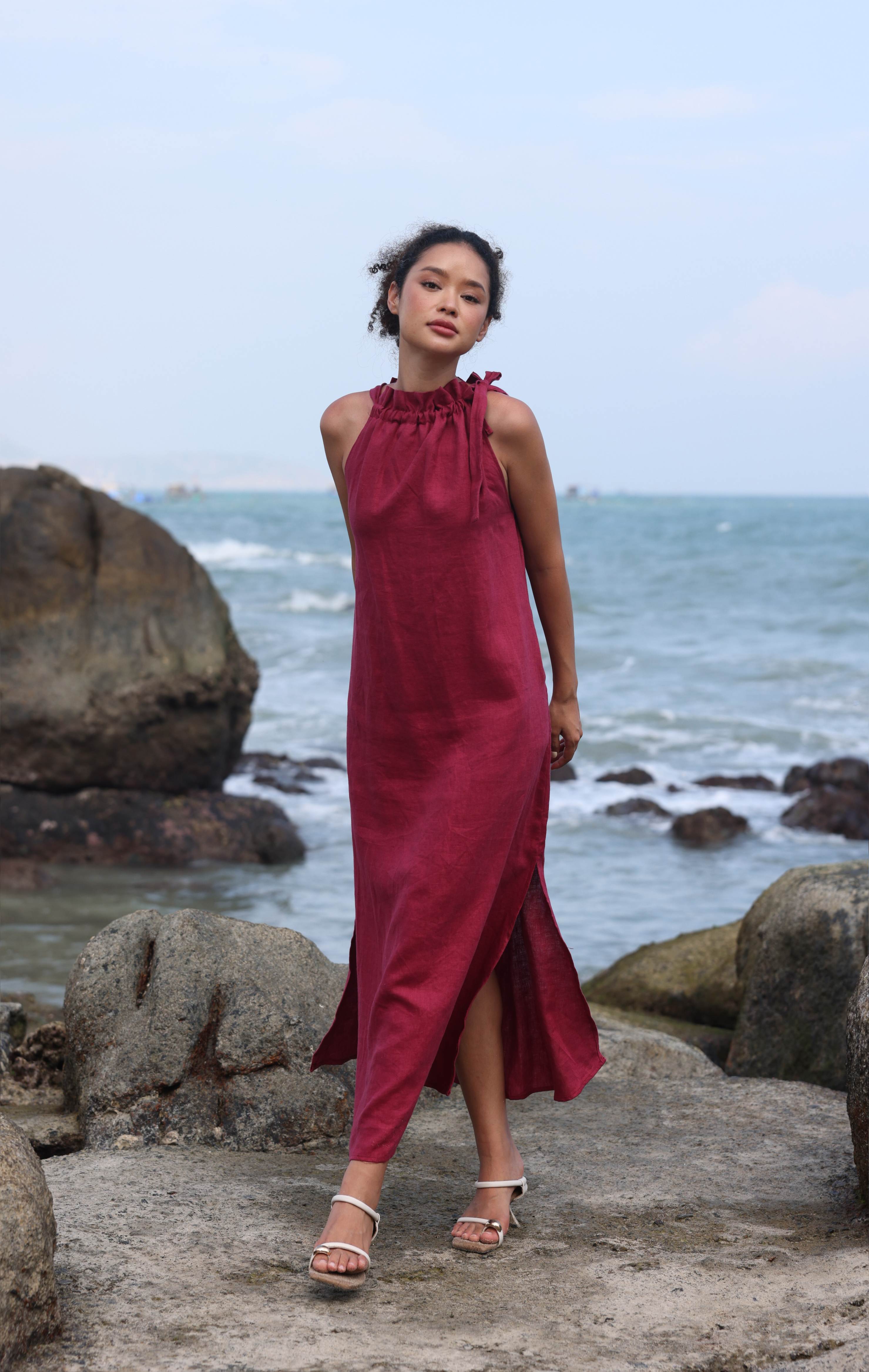 High neck linen dress