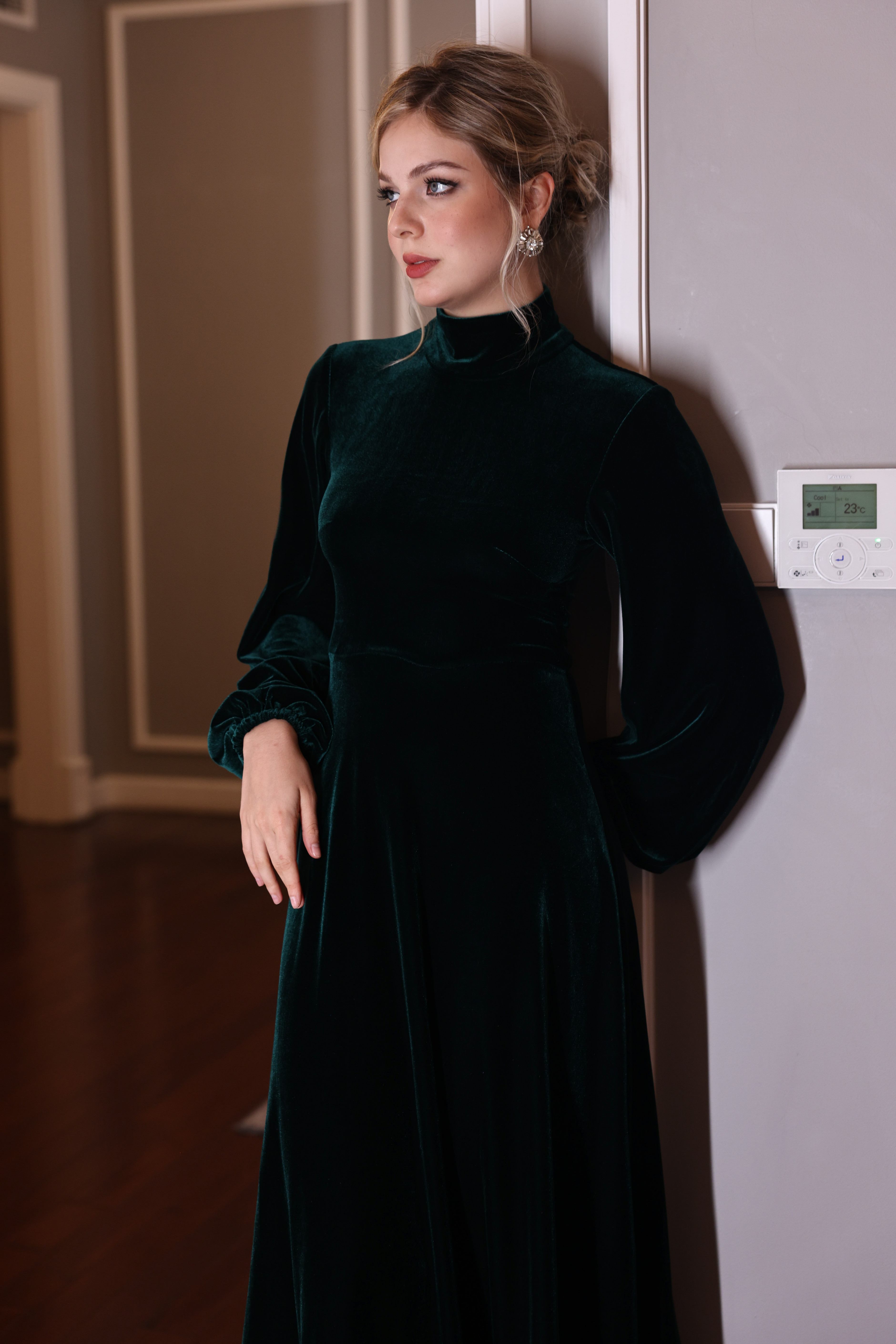 high neck velvet evening gown