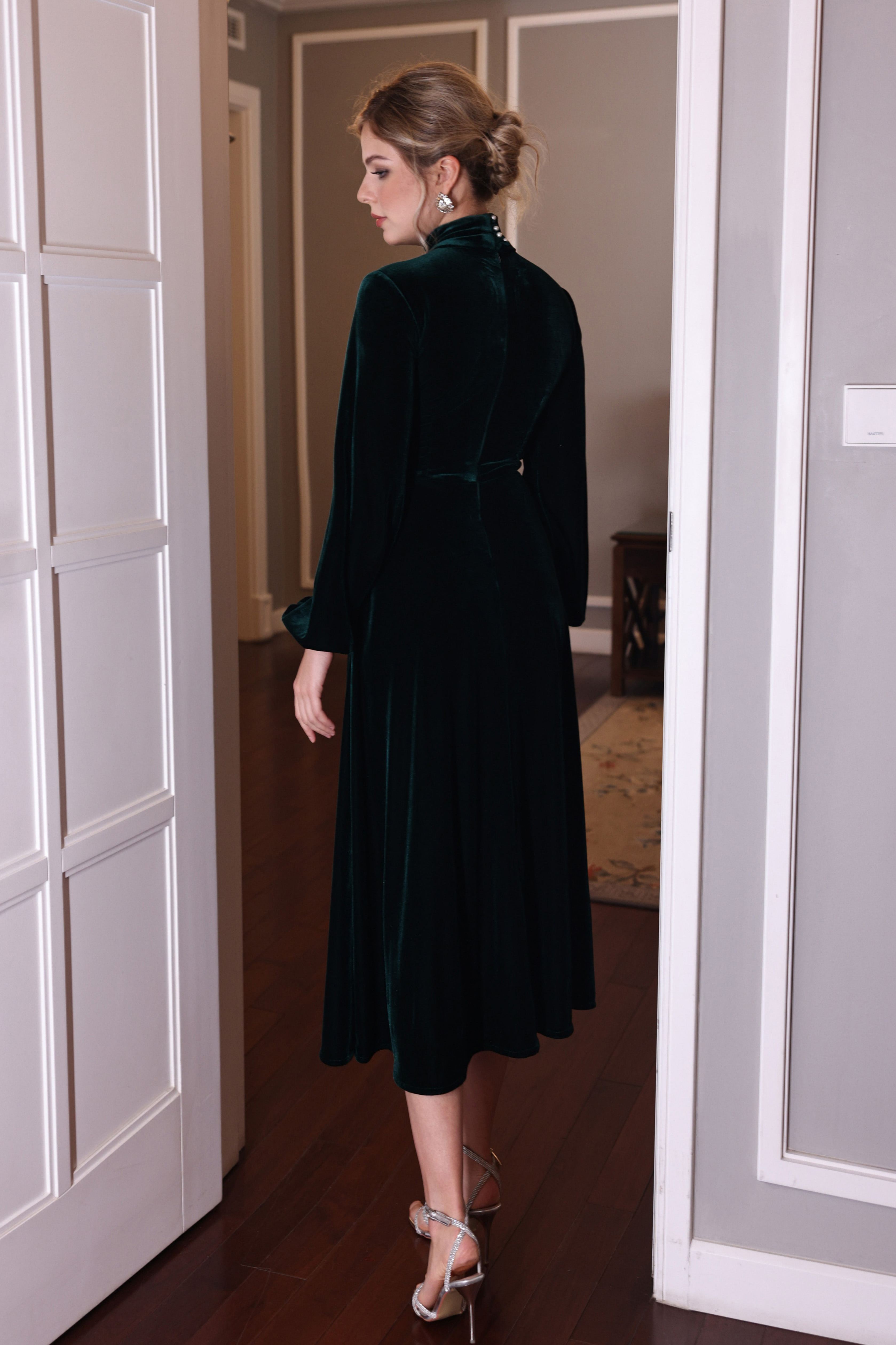 high neck velvet evening gown