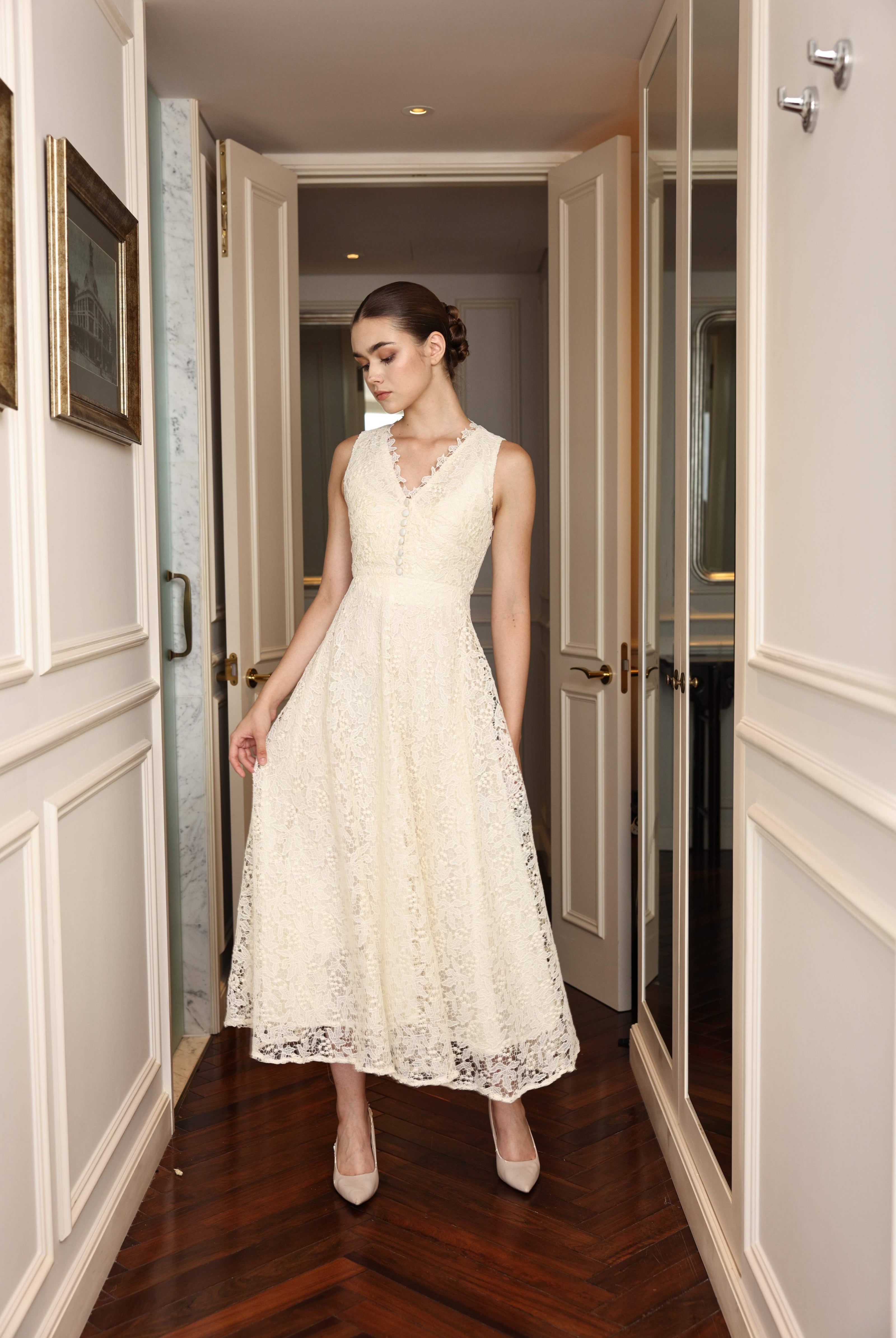 lace dresses for women near me White Lace Boho Maxi Dress for Women - Dot Tiered V Neck Long Gown