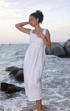 Lace trim square neck linen dress