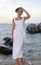 Lace trim square neck linen dress