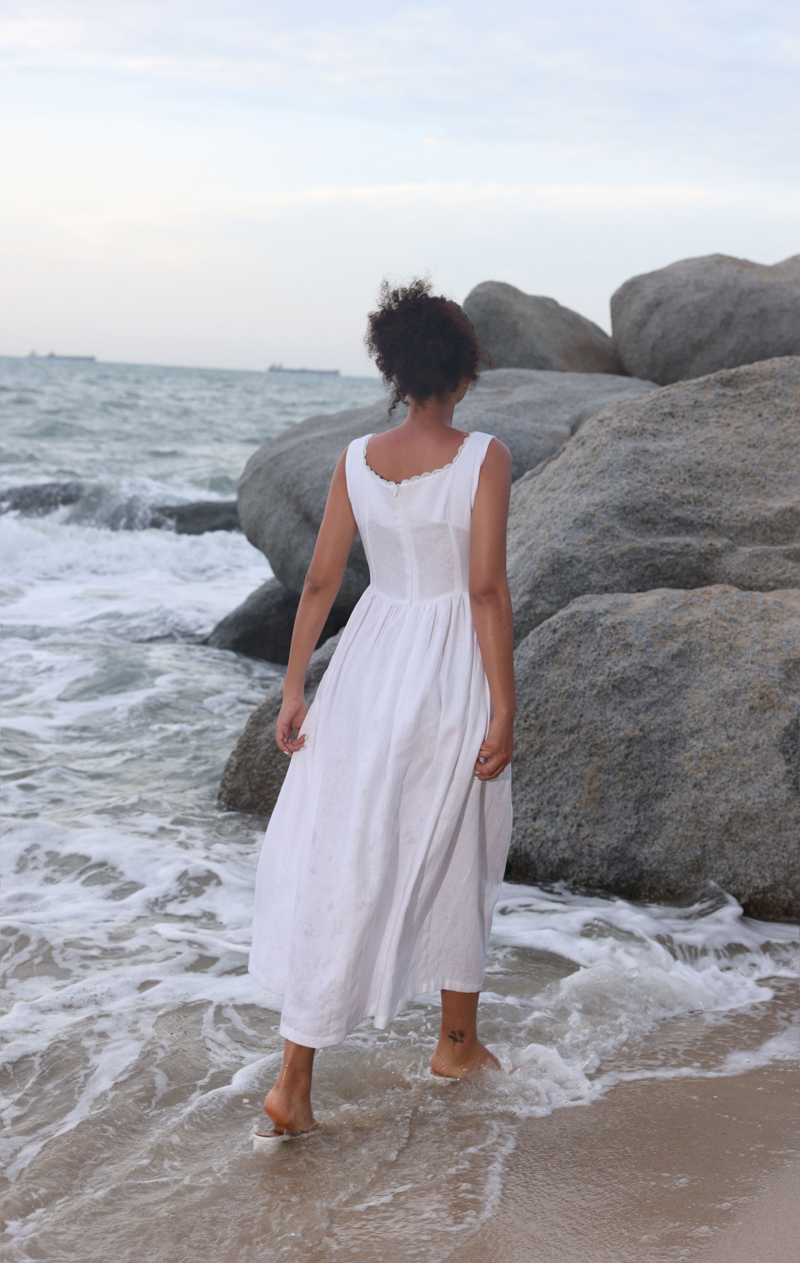 Lace trim square neck linen dress