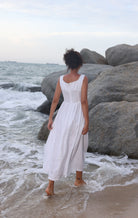 Lace trim square neck linen dress
