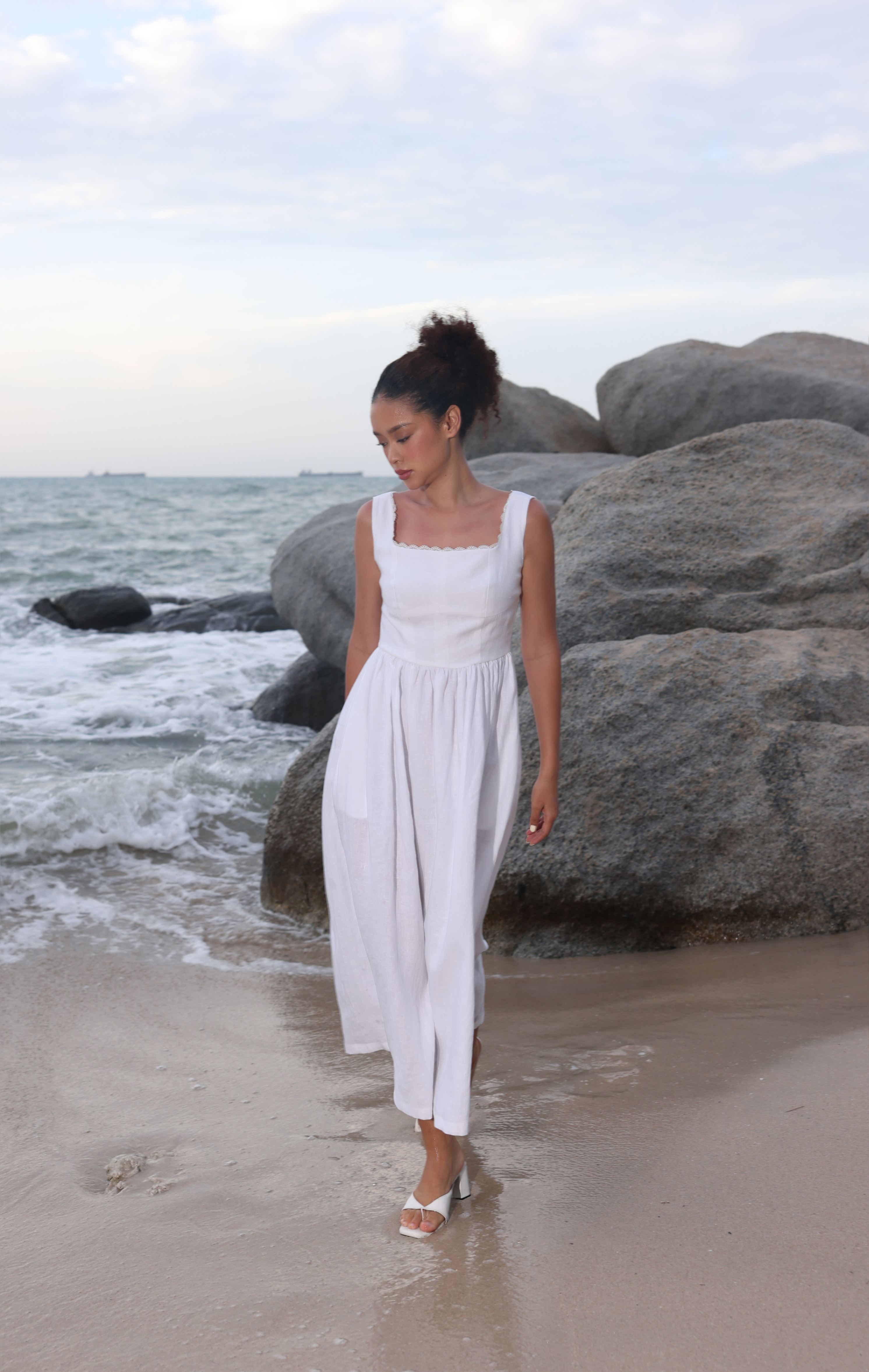 Lace trim square neck linen dress
