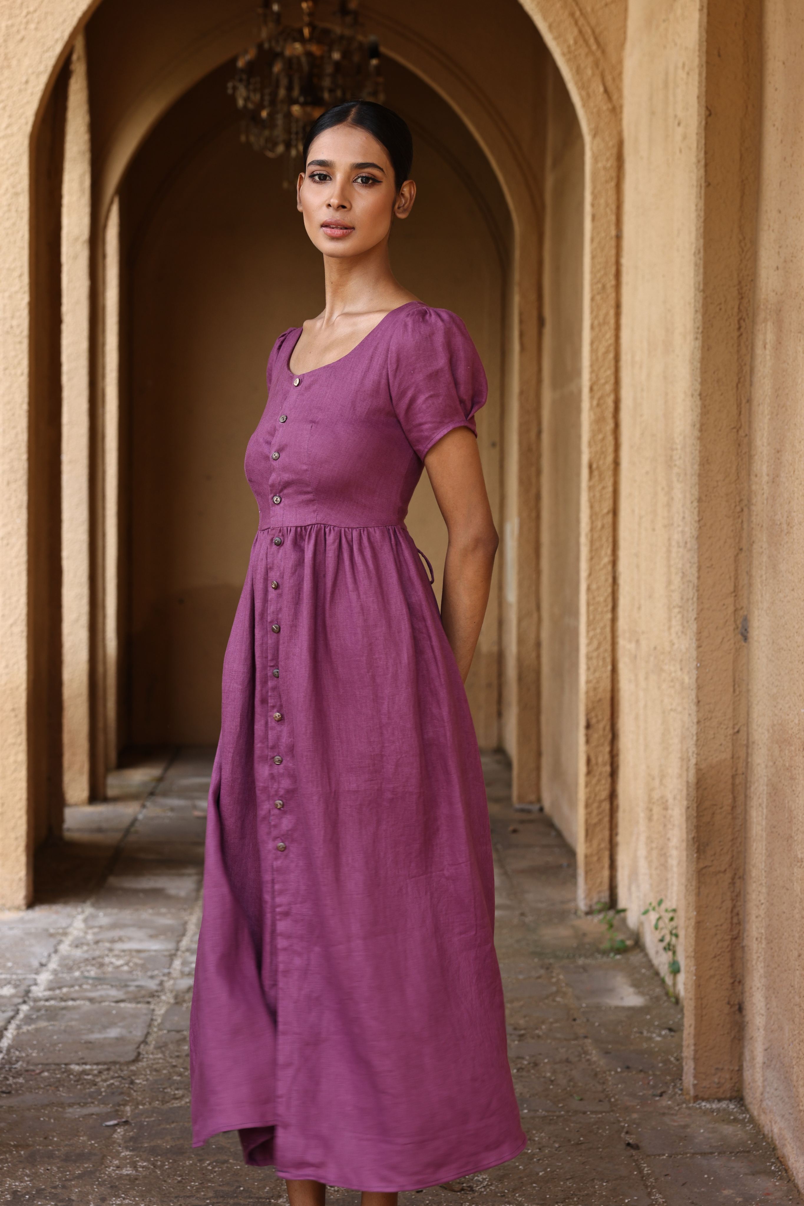 Lace-up back linen dress