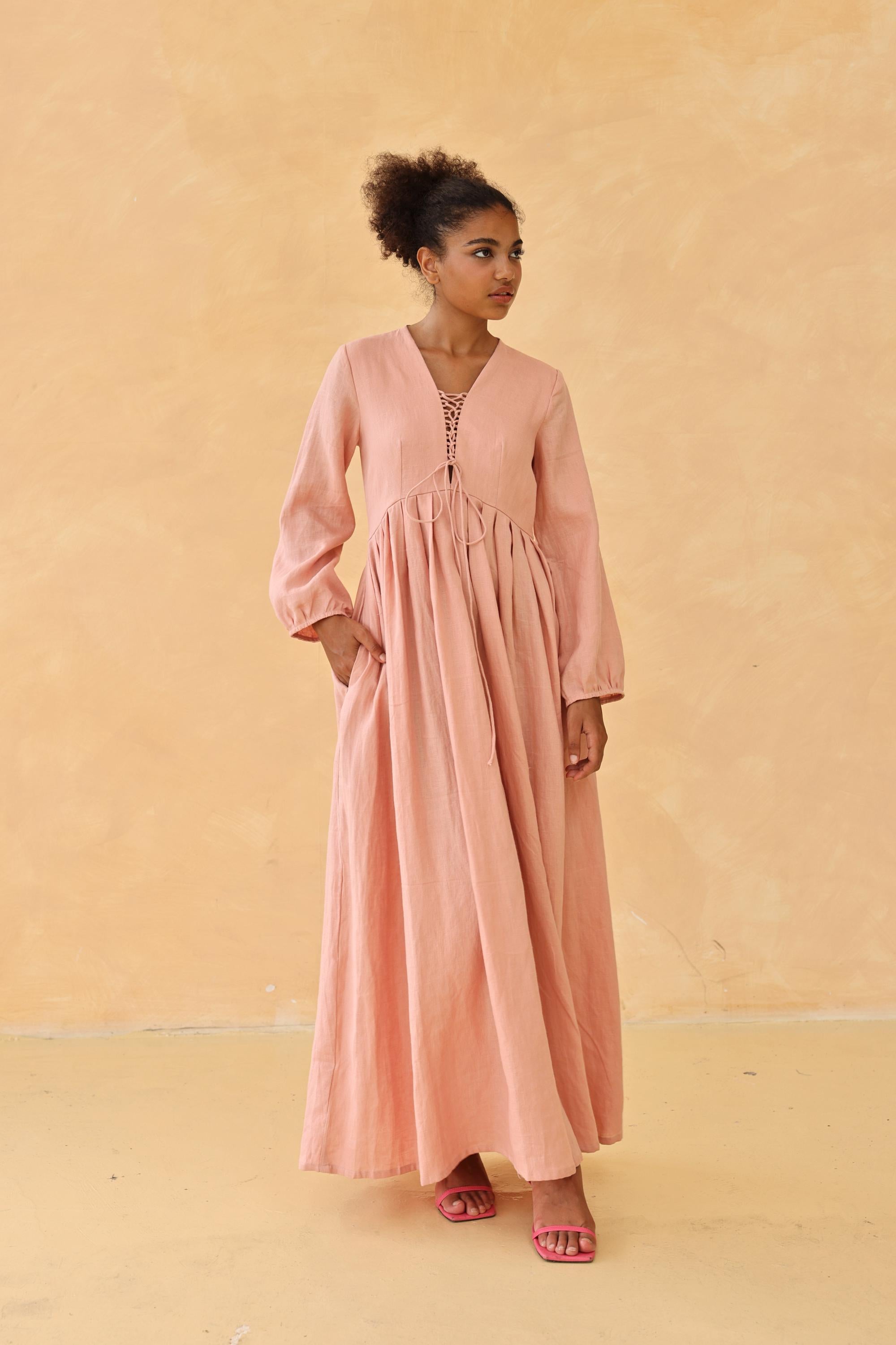 Lace up linen maxi dress