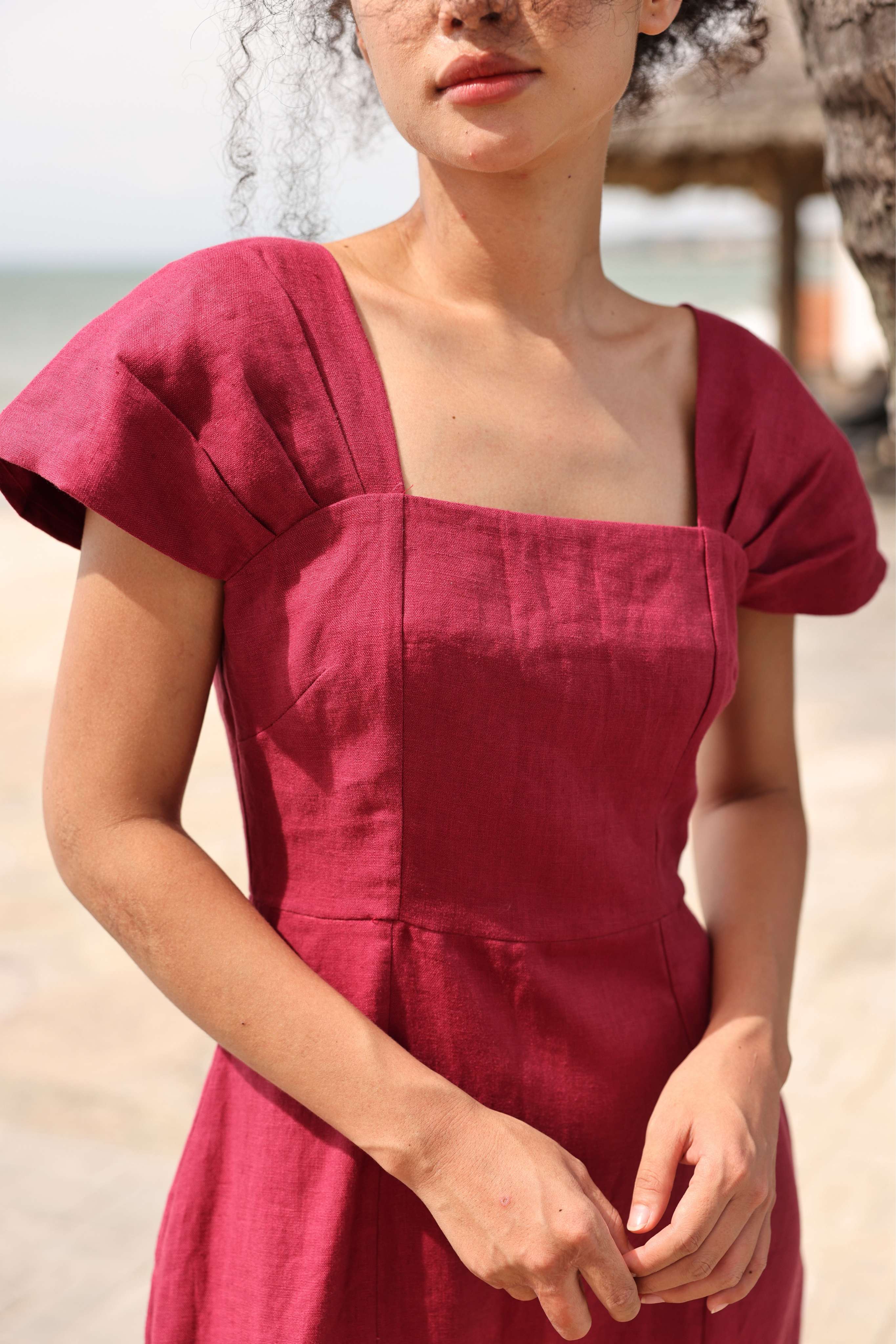 Linen cap sleeve midi dress