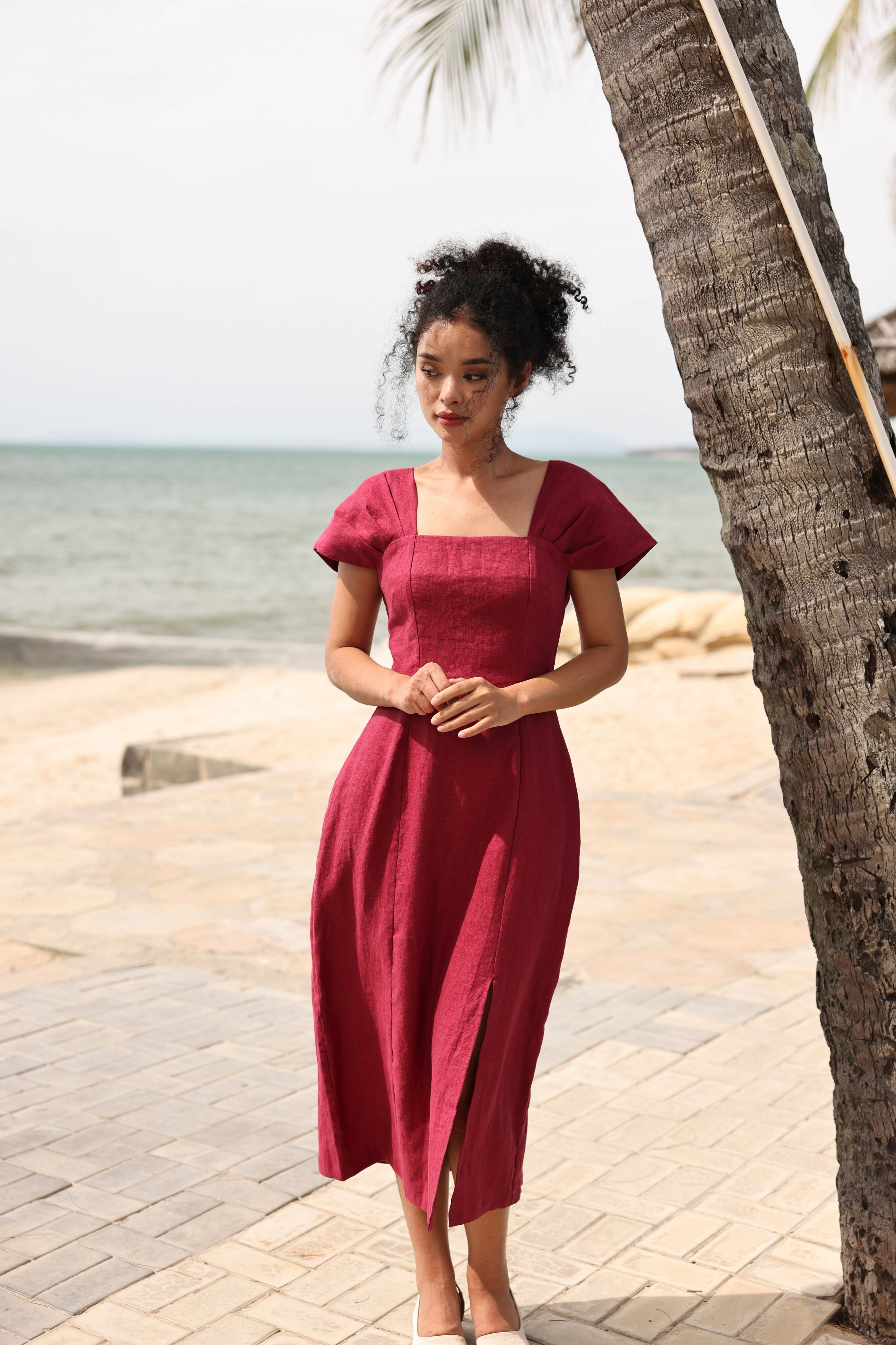 Linen cap sleeve midi dress