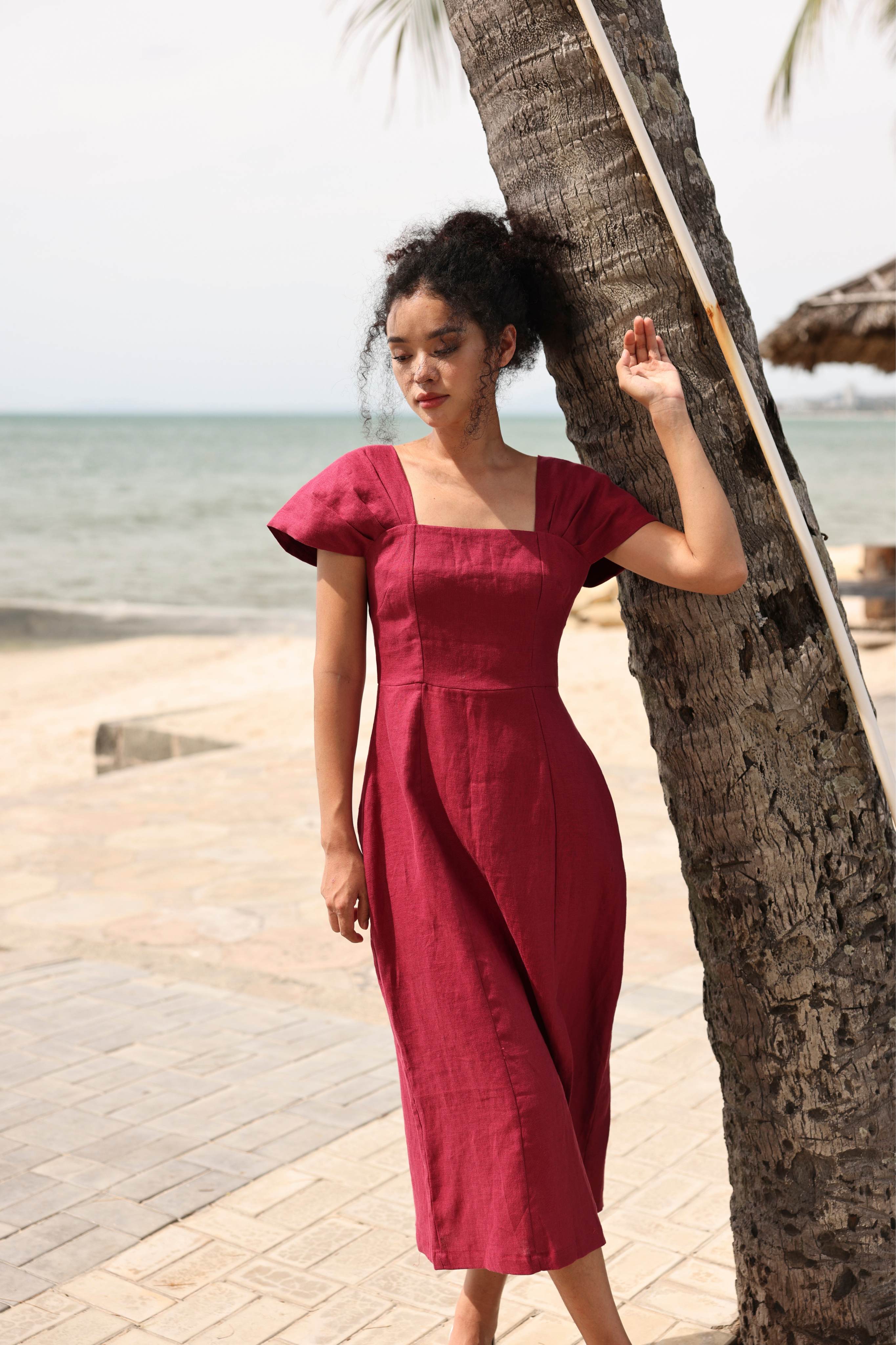 Linen cap sleeve midi dress