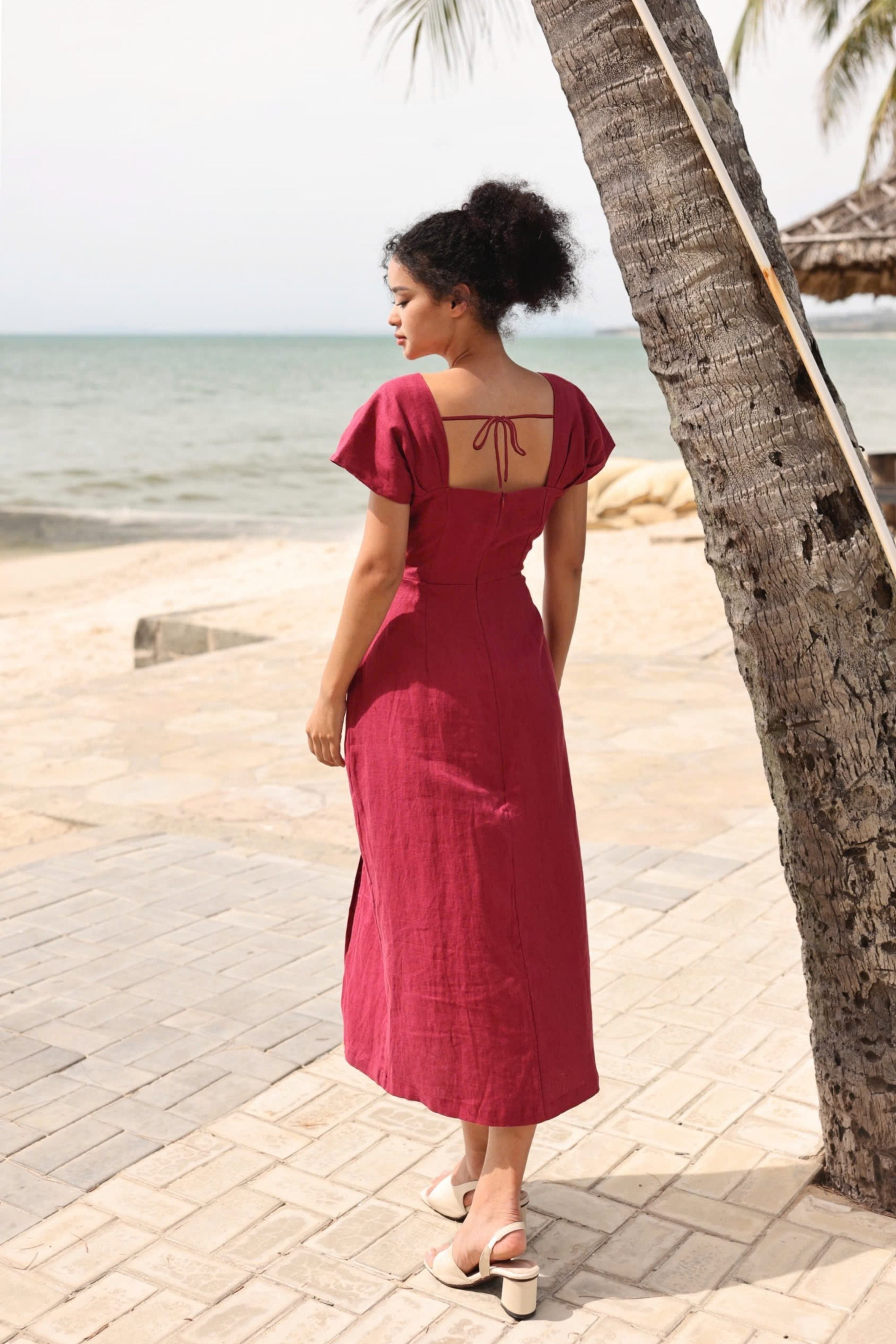 Linen cap sleeve midi dress