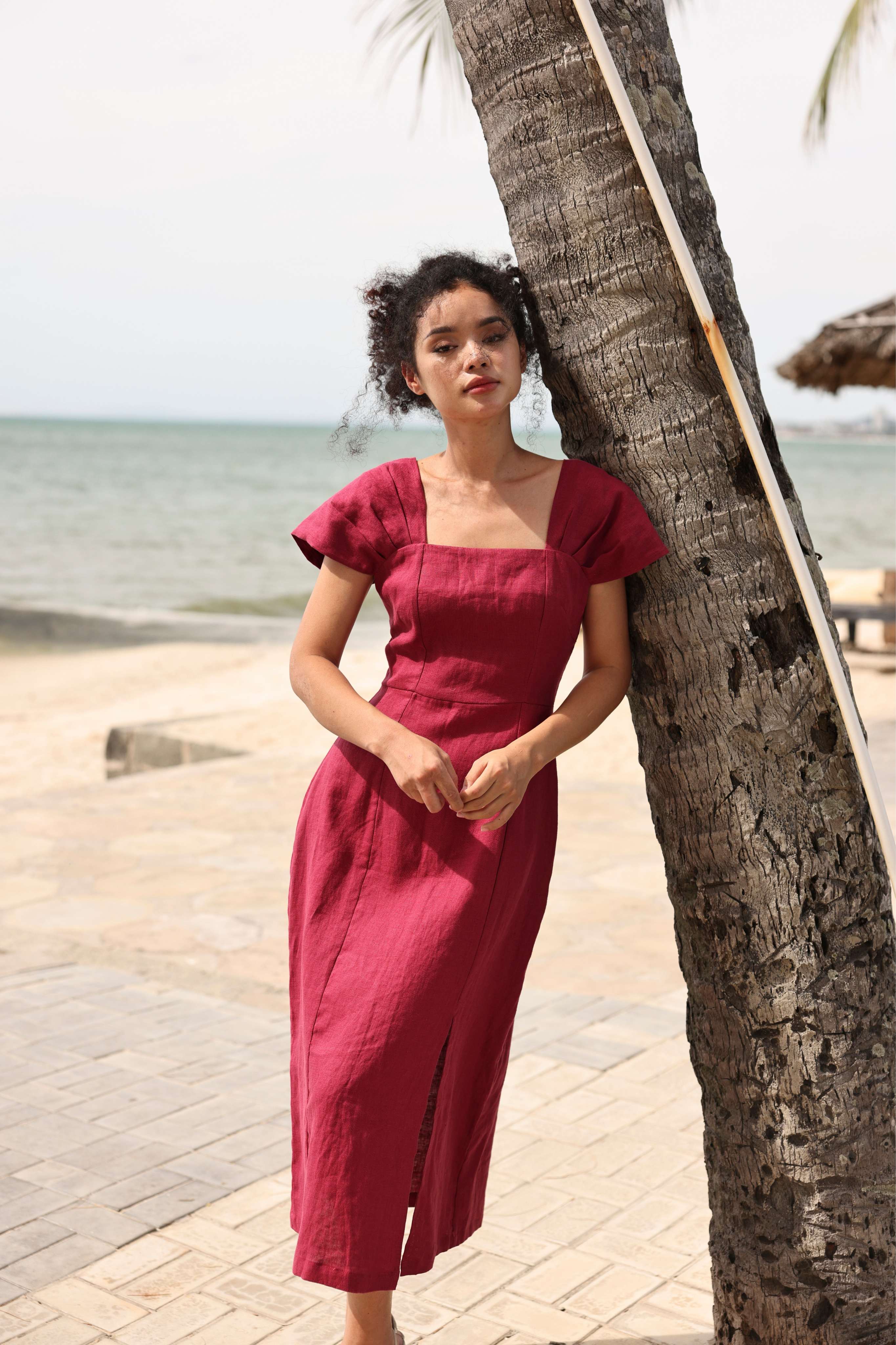 Linen cap sleeve midi dress