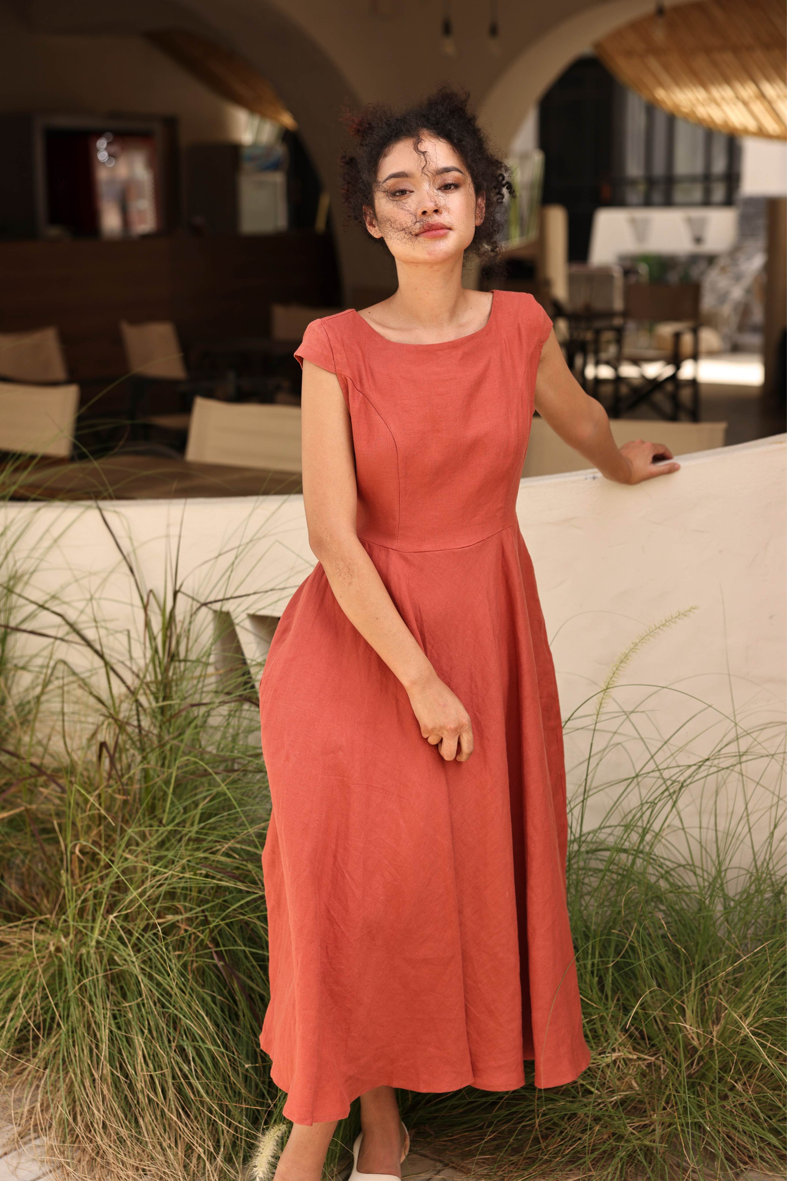 Linen cap sleeve summer dress