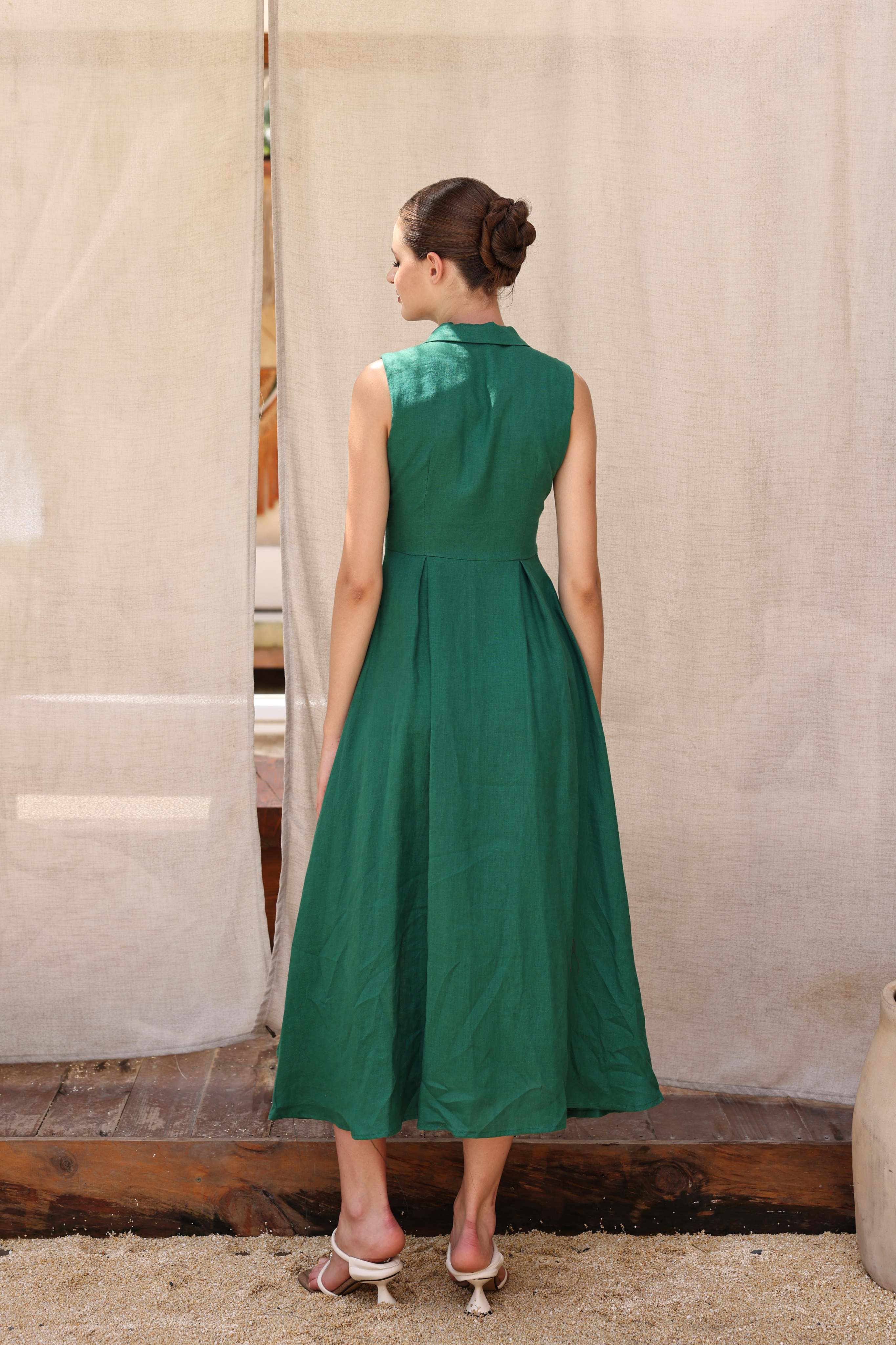 Linen collar midi dress