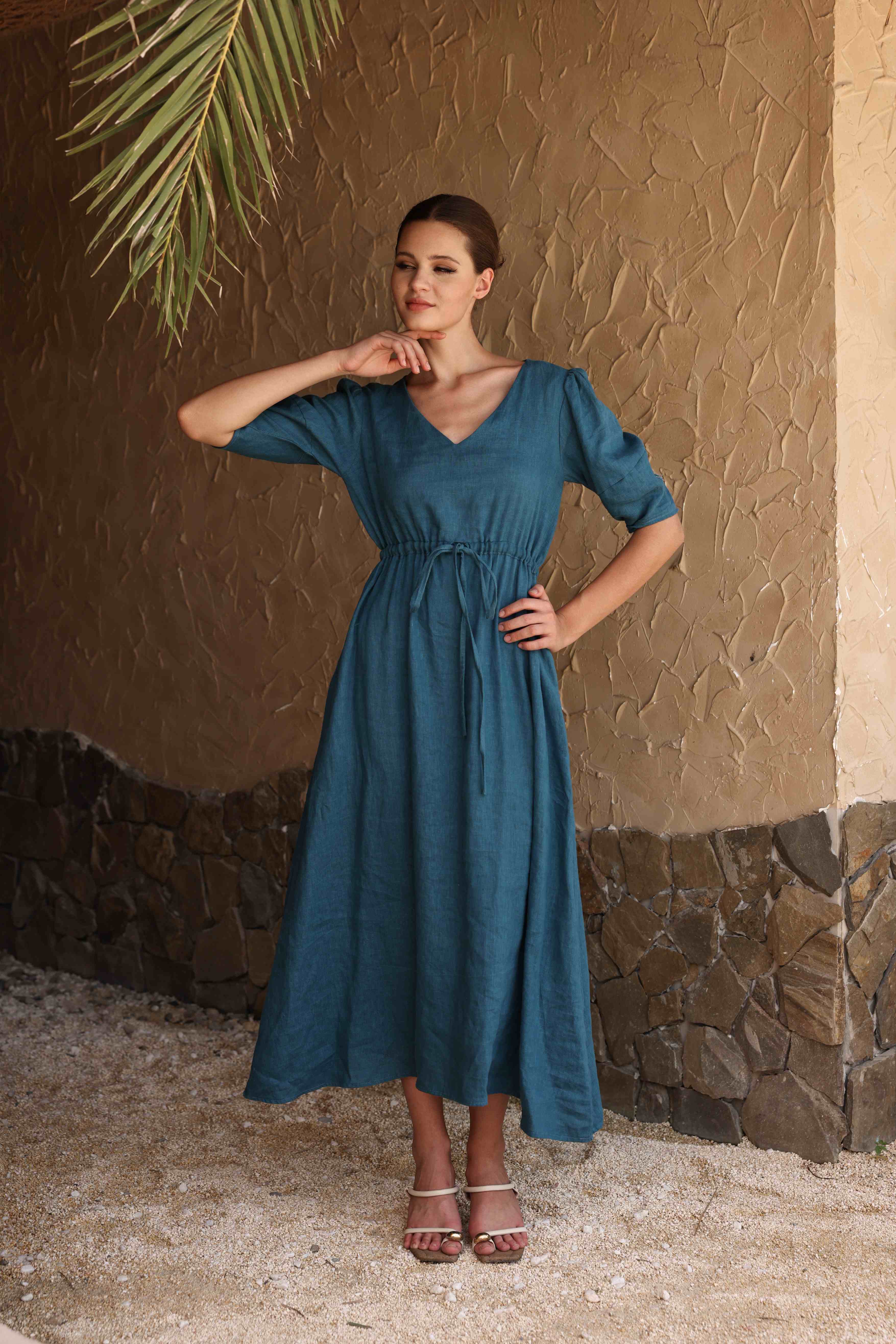 Linen drawstring midi dress
