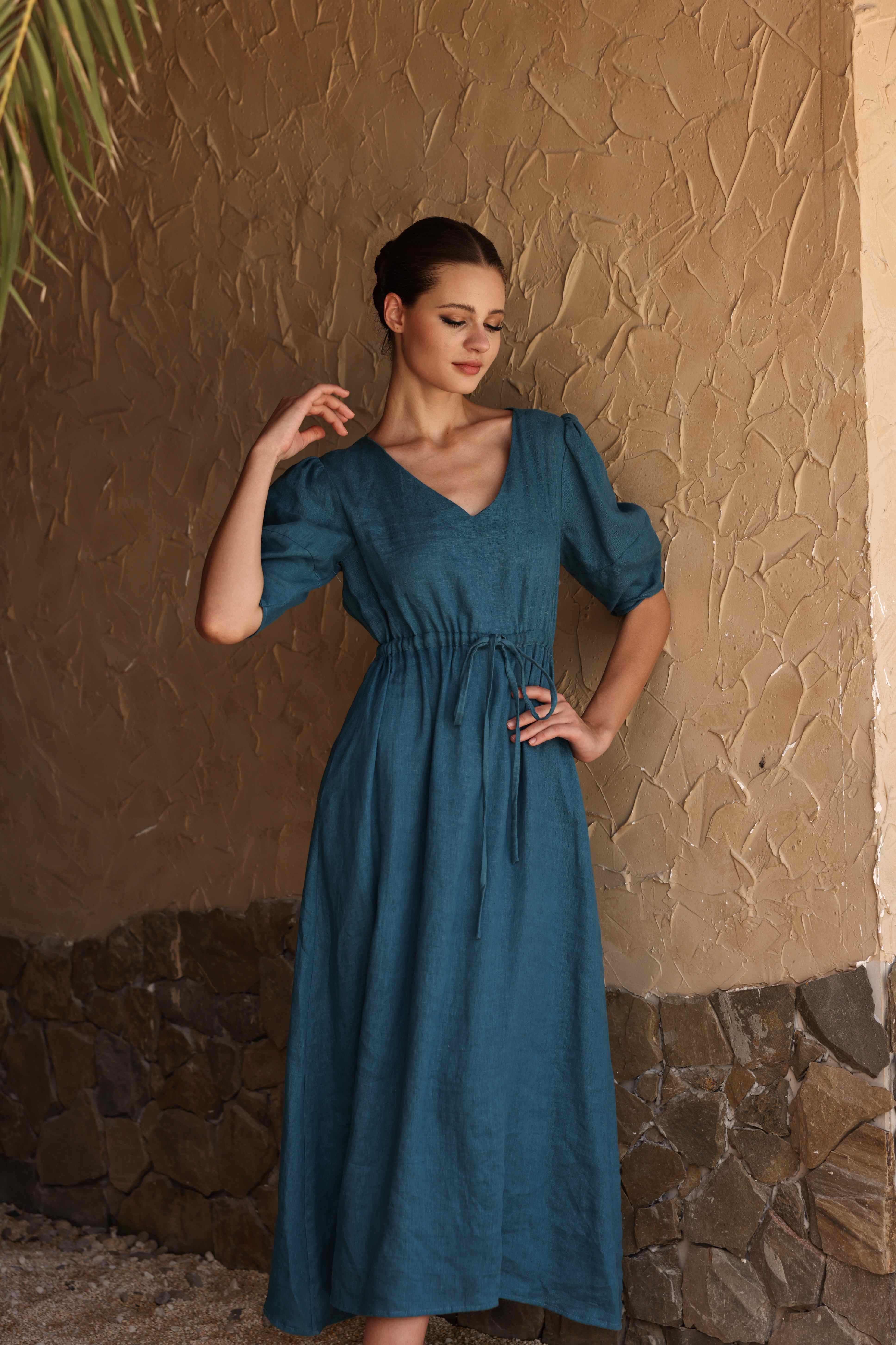 Linen drawstring midi dress