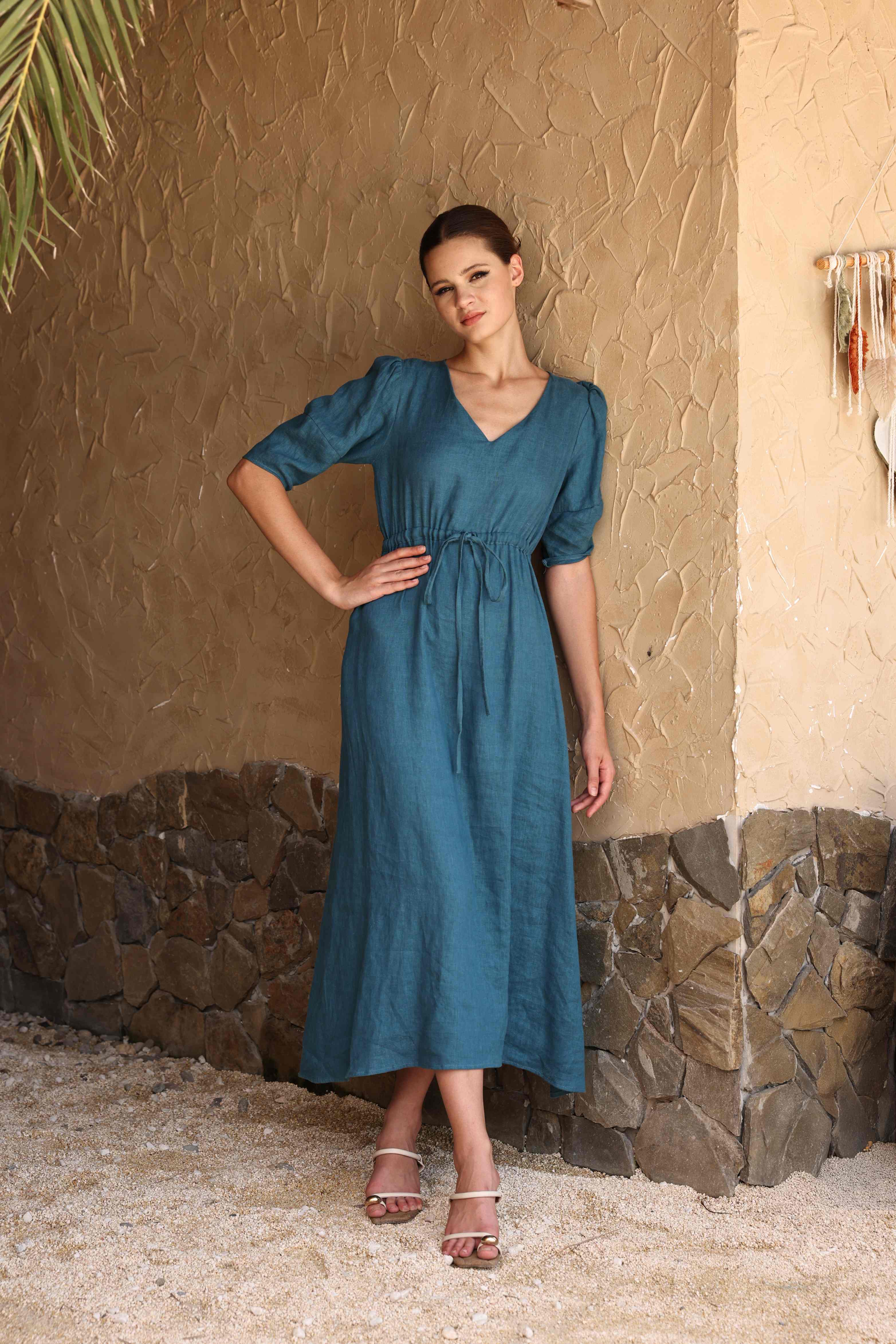 Linen drawstring midi dress