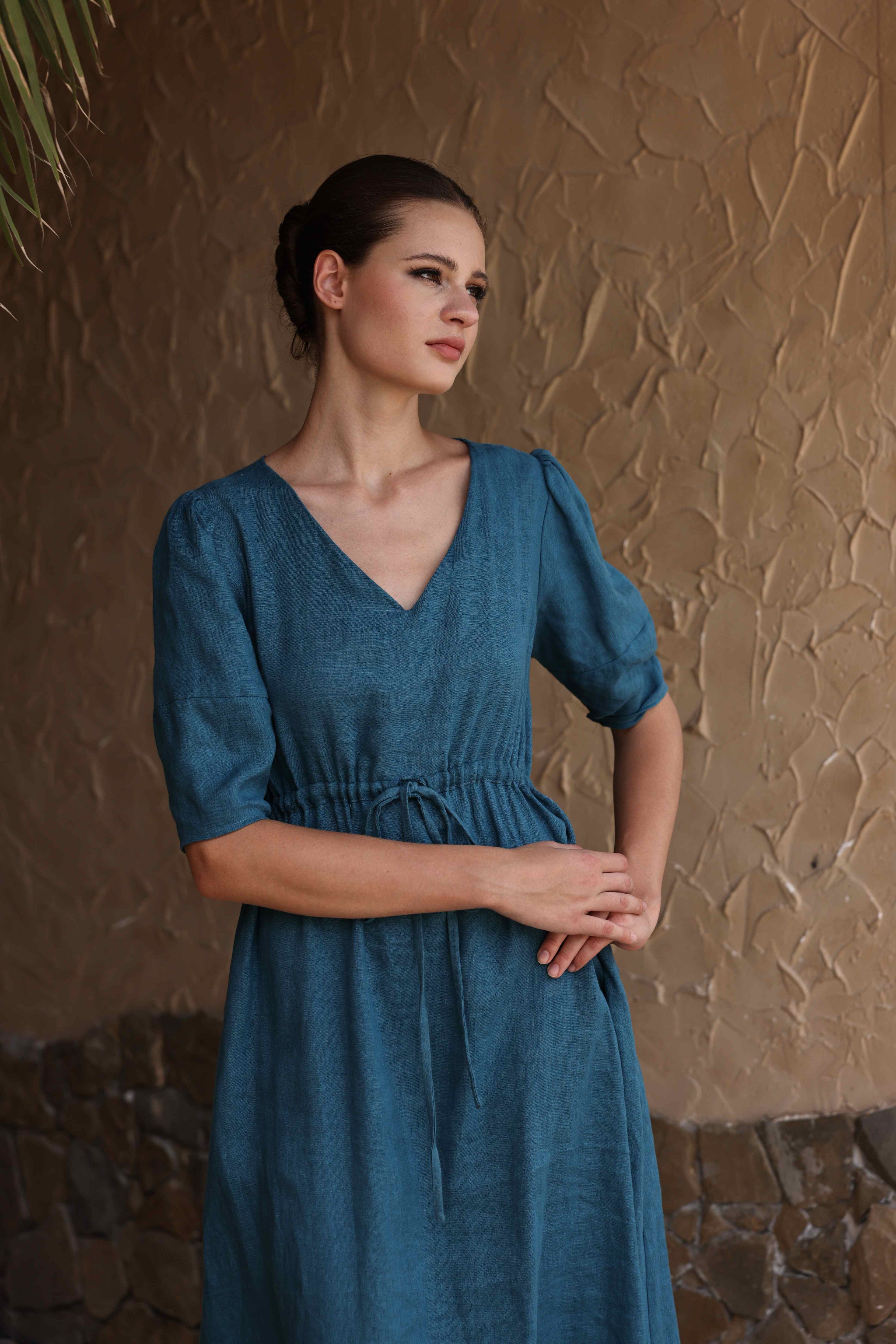 Linen drawstring midi dress