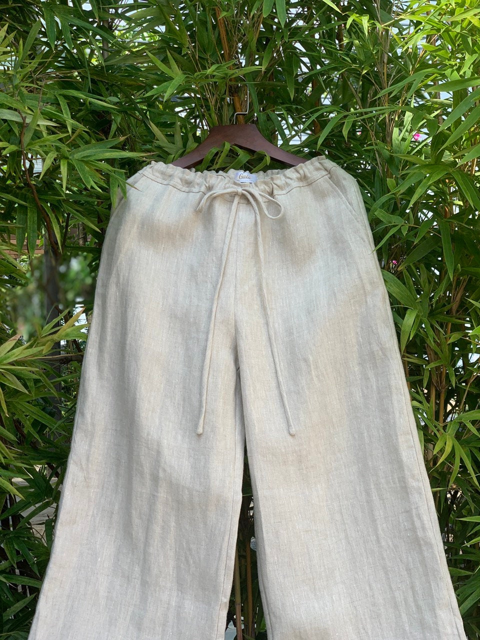 Pants on a hanger against a green leafy background