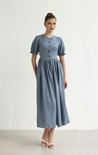 Linen dress with gathered waist