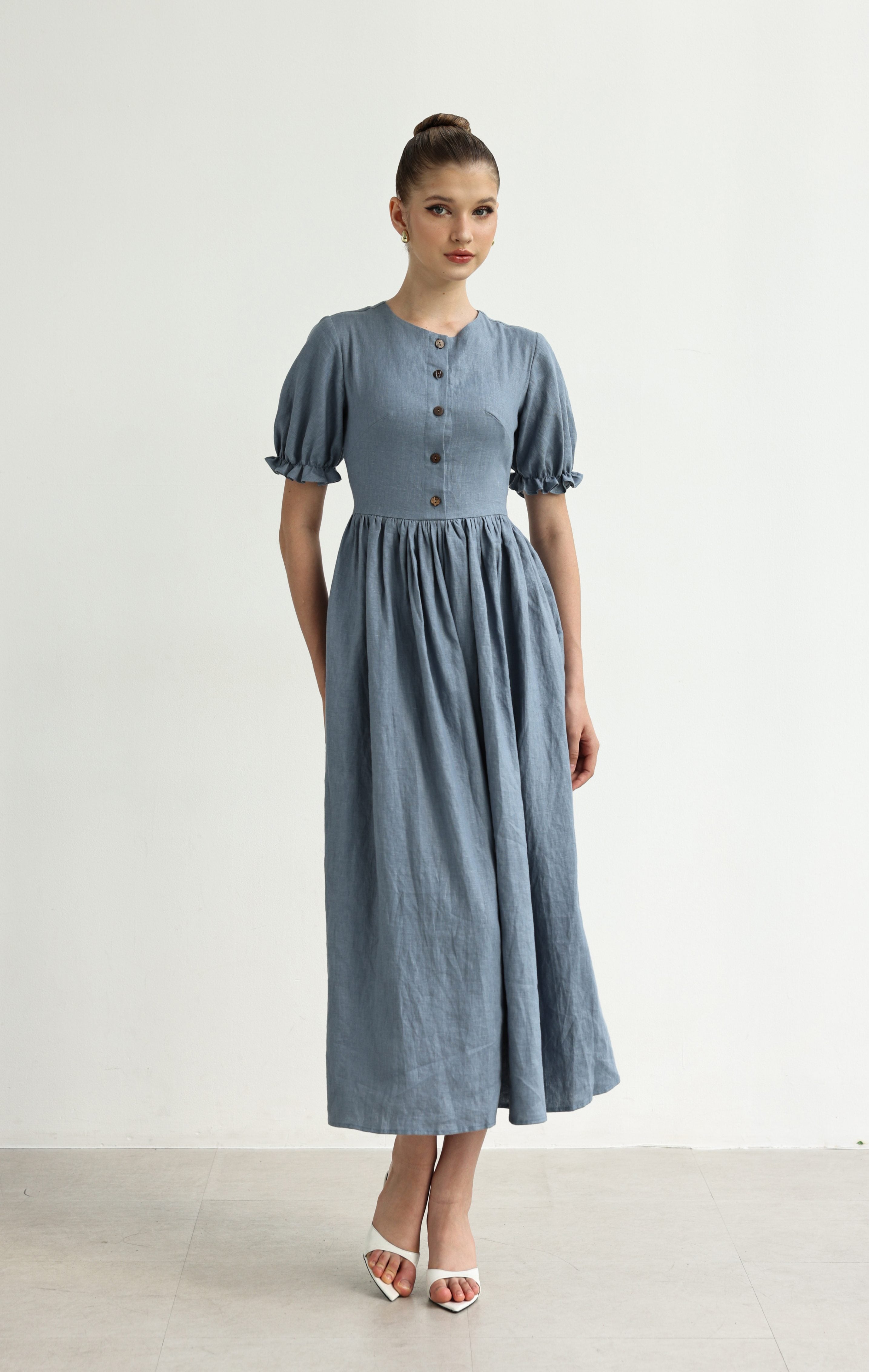 Linen dress with gathered waist
