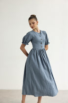 Linen dress with gathered waist