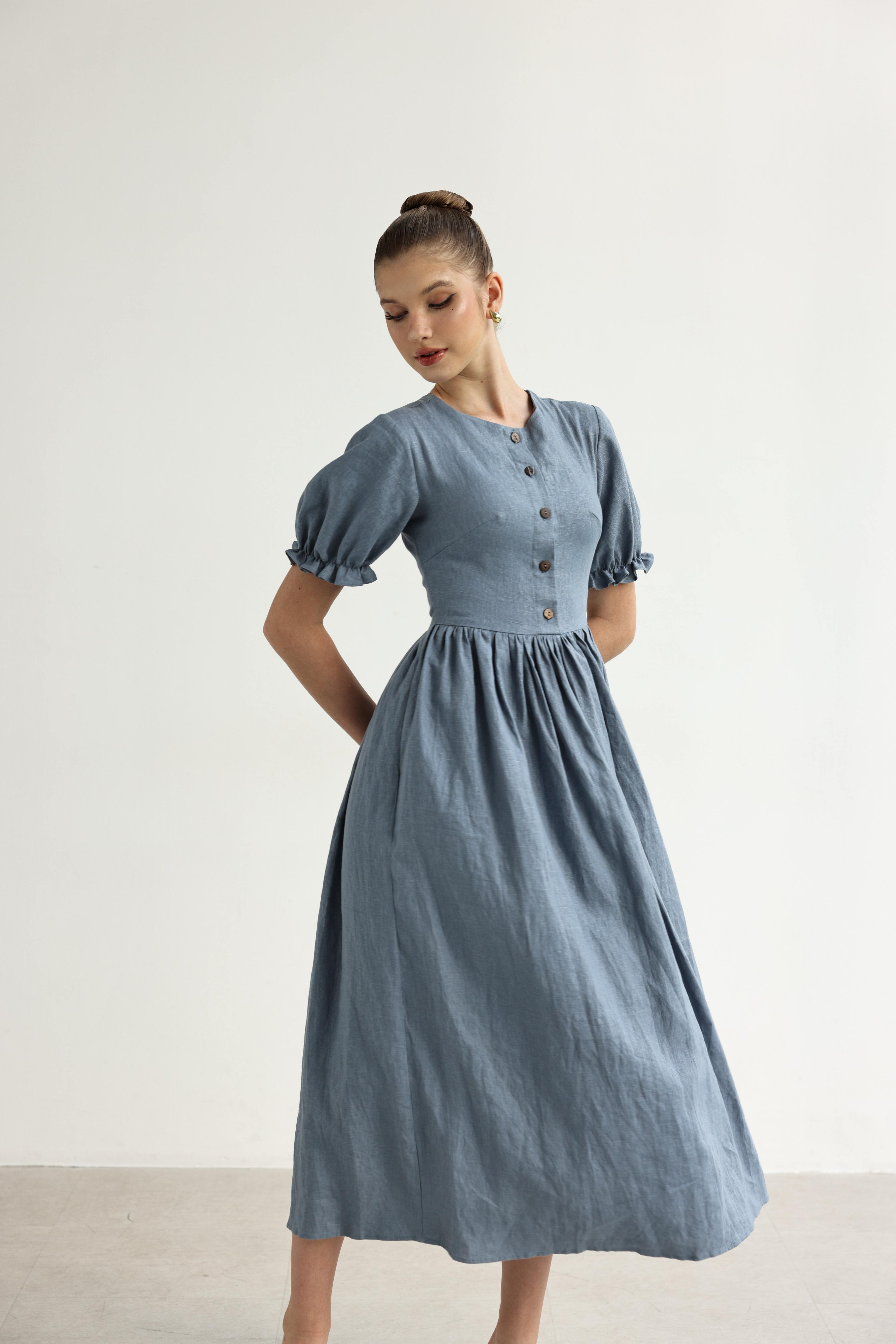 Linen dress with gathered waist