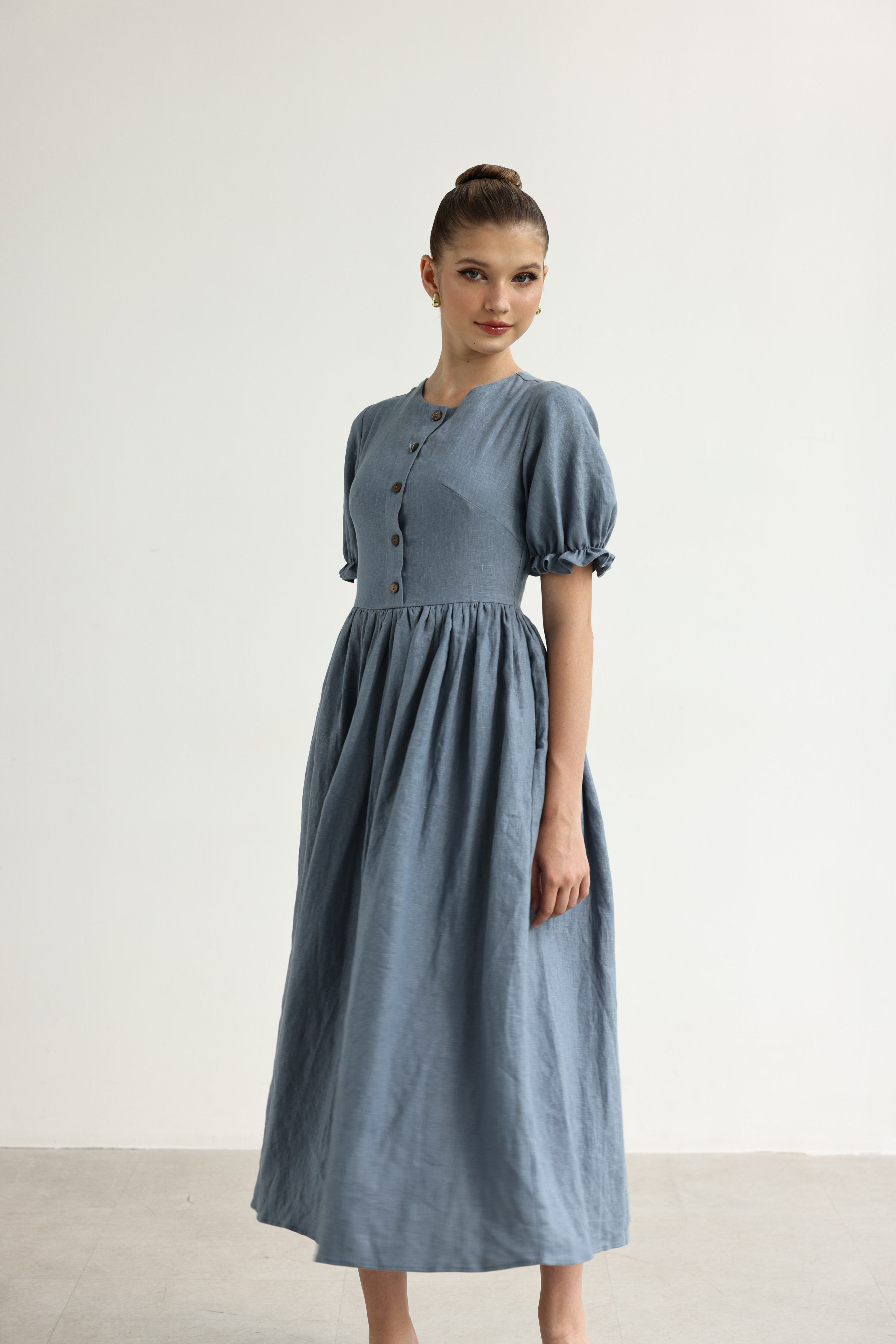 Linen dress with gathered waist