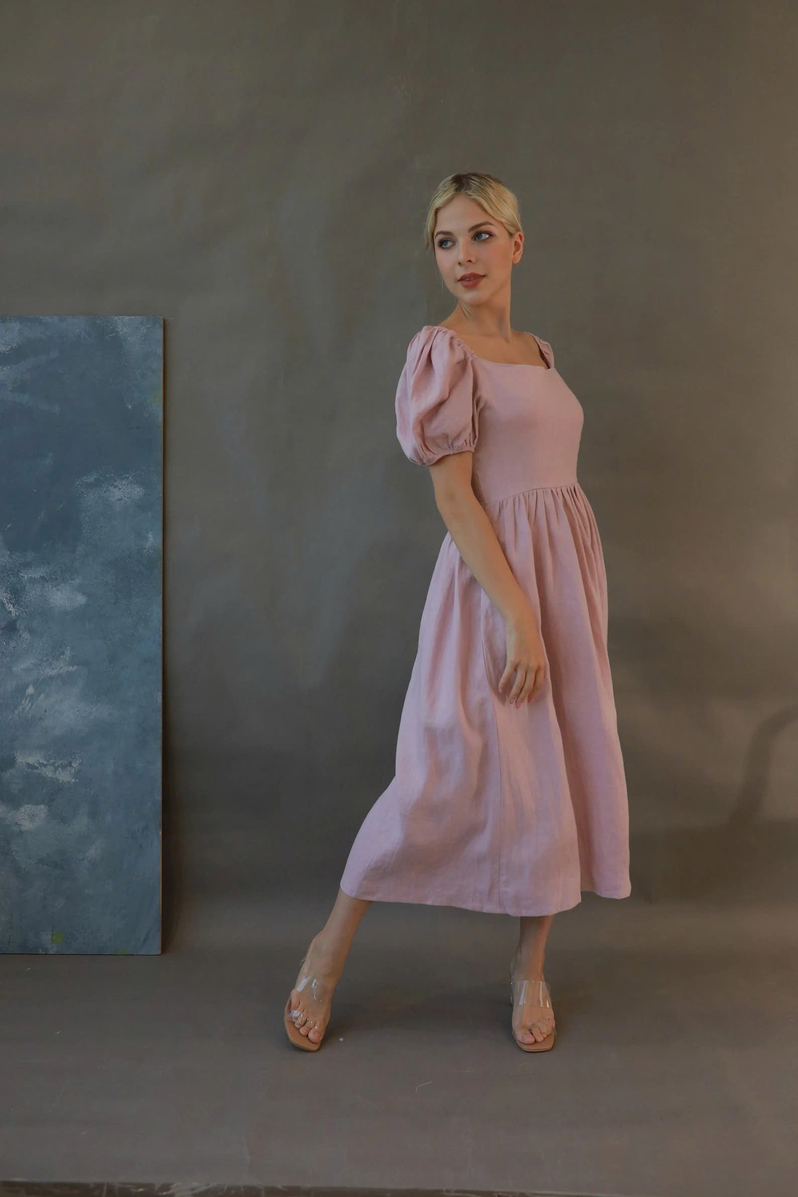 Linen gathered waist dress
