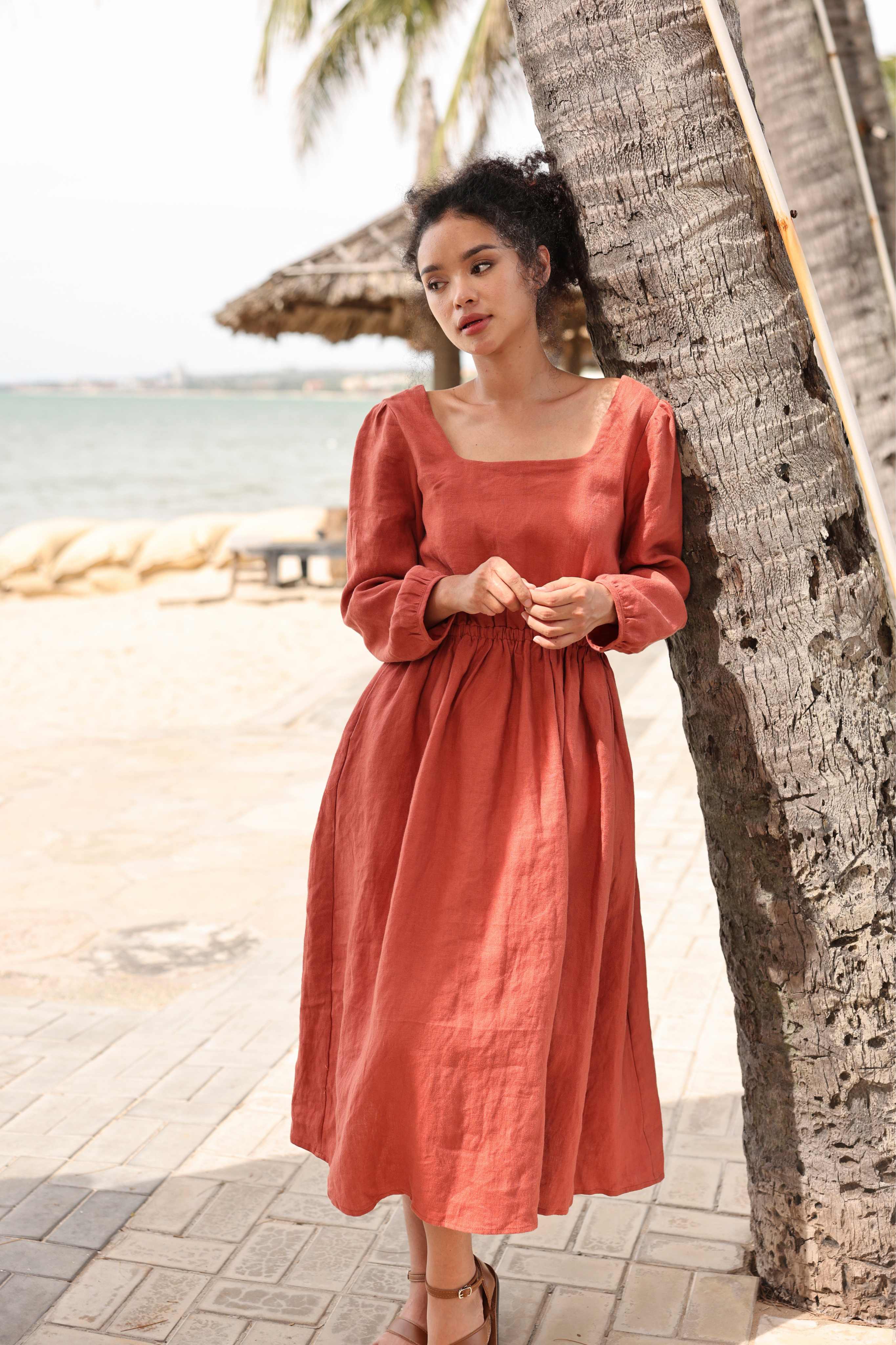 Linen long sleeve midi dress