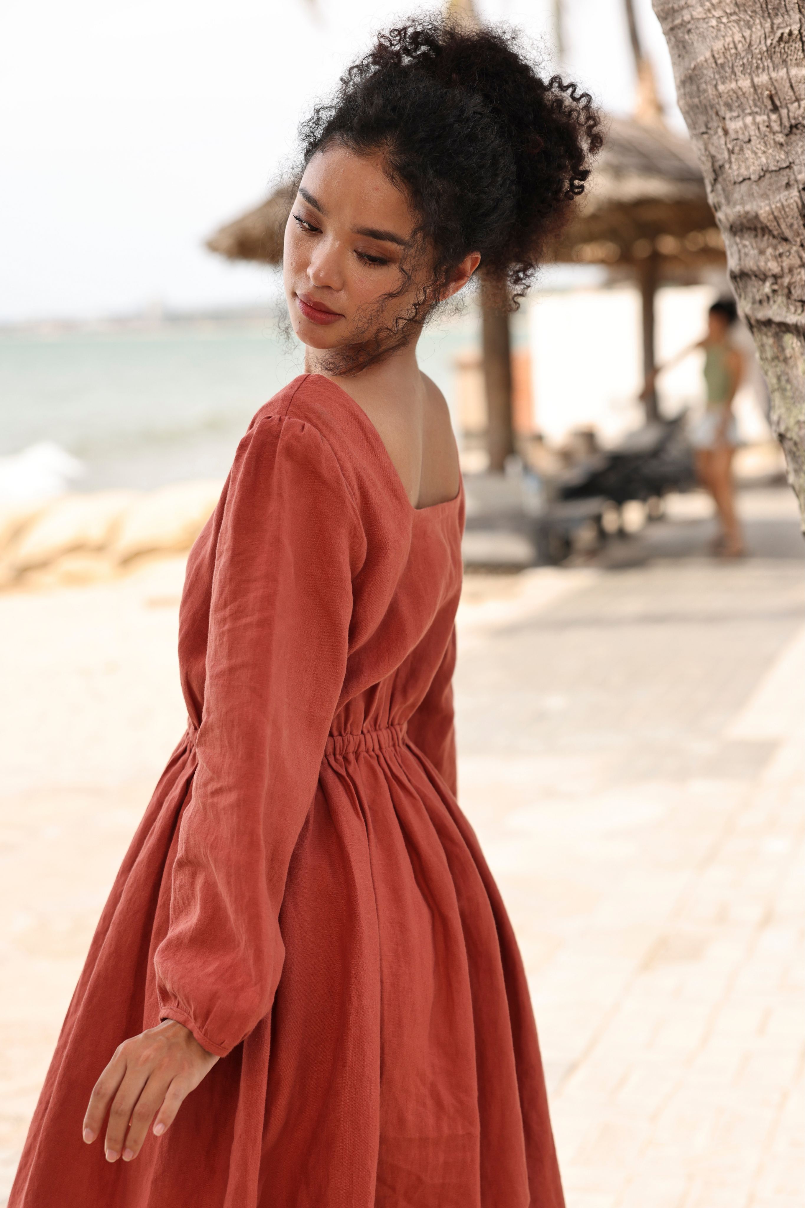 Linen long sleeve midi dress