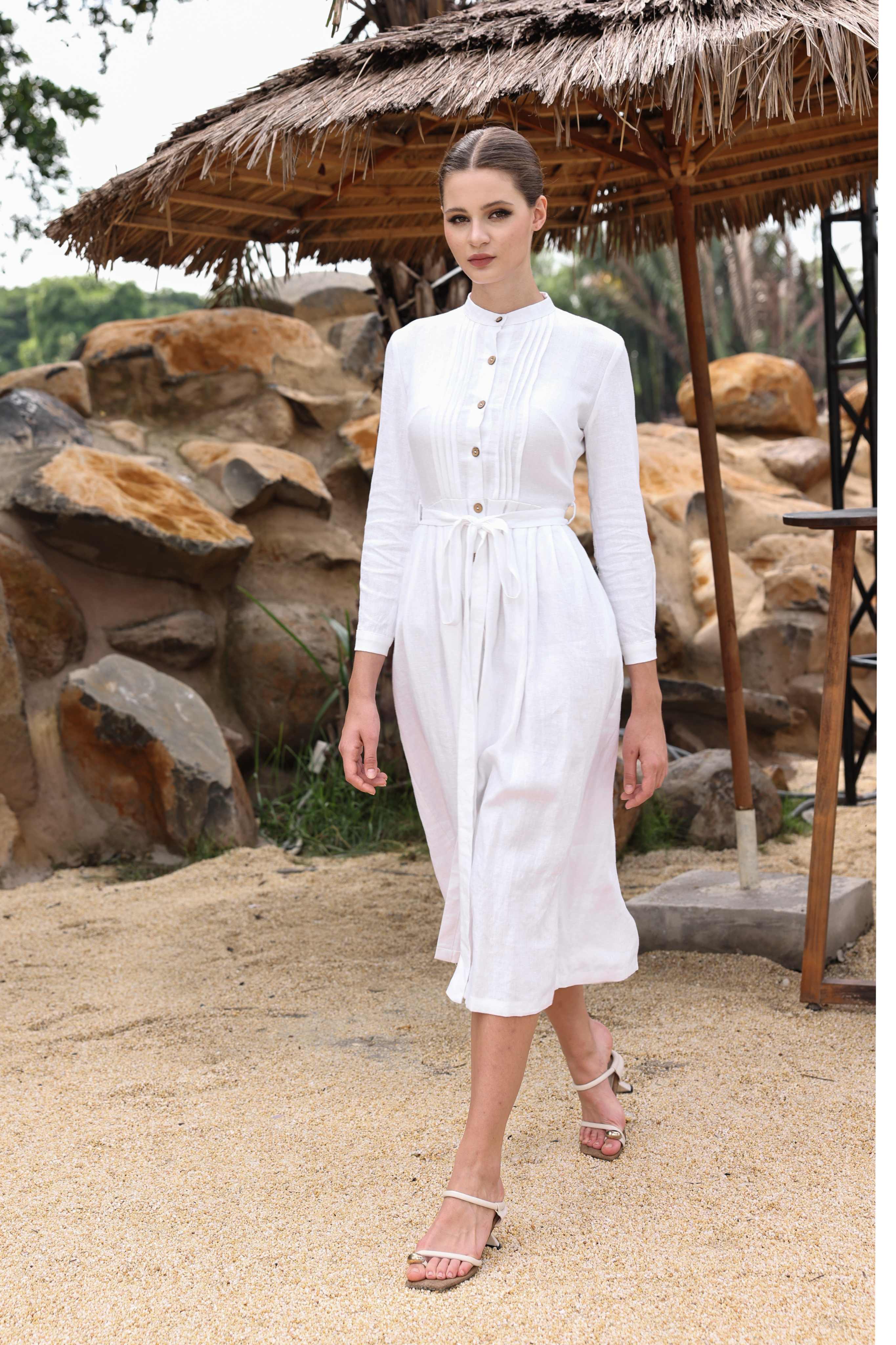 Linen pleated shirt dress