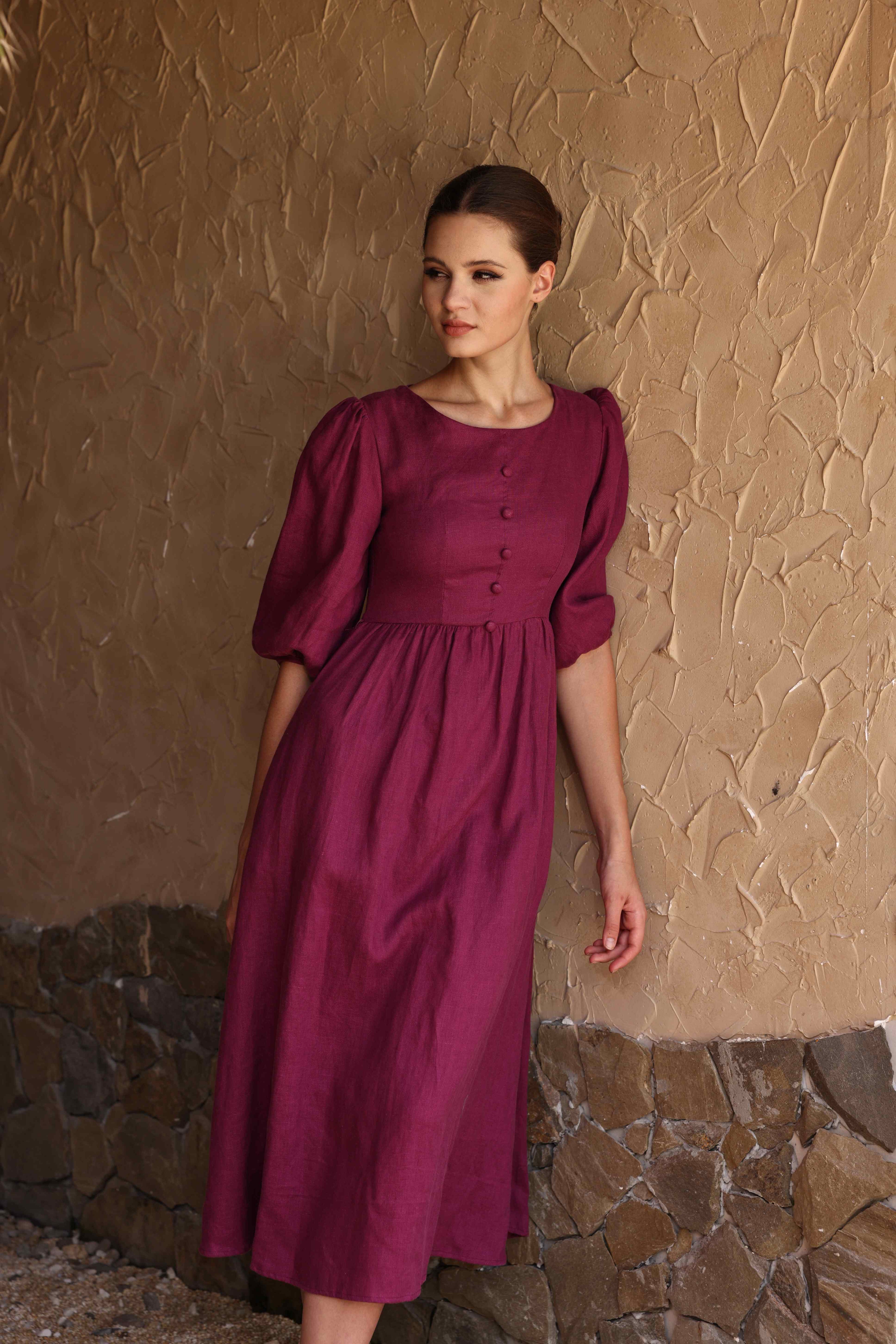 Linen puff midi dress
