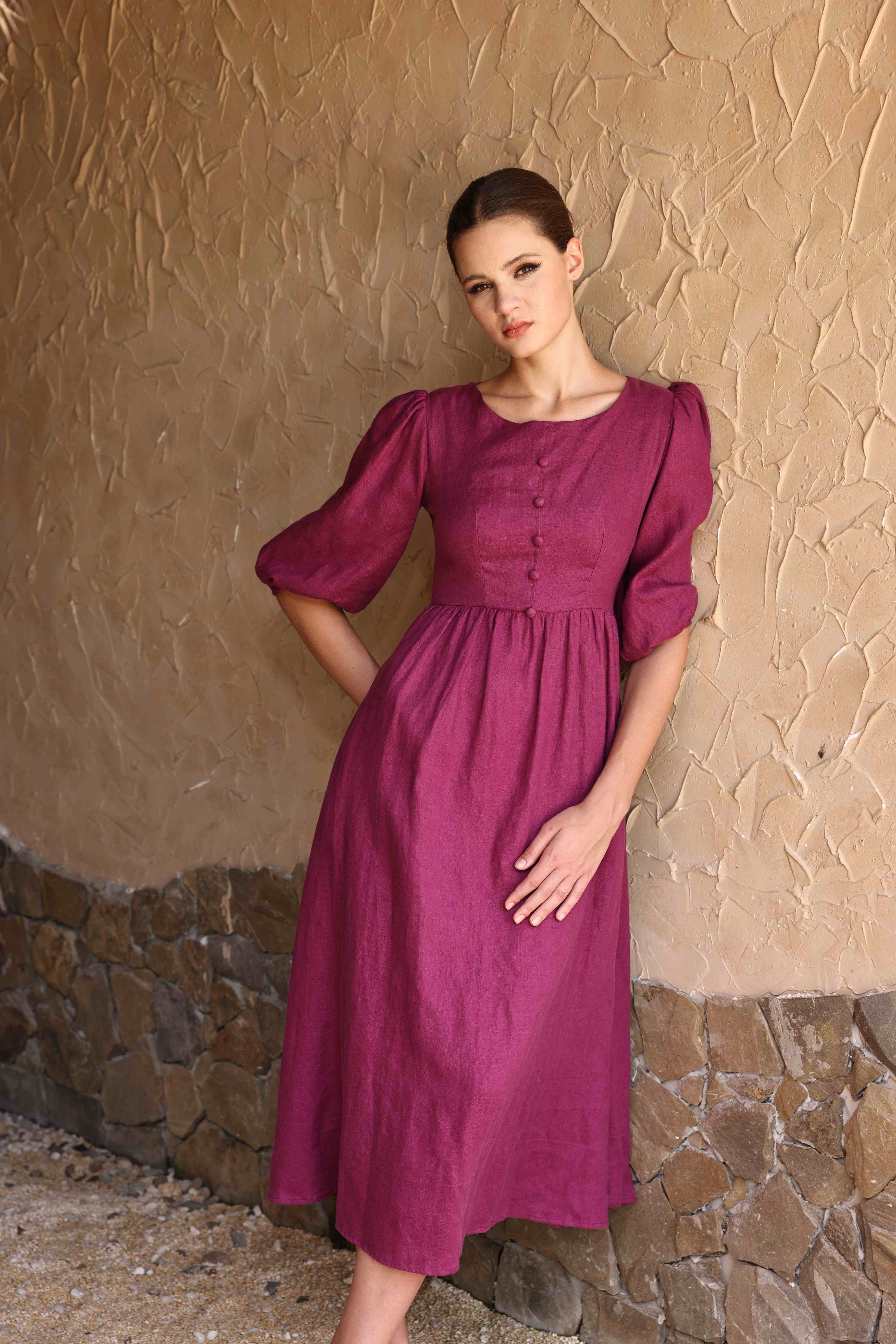 Linen puff midi dress